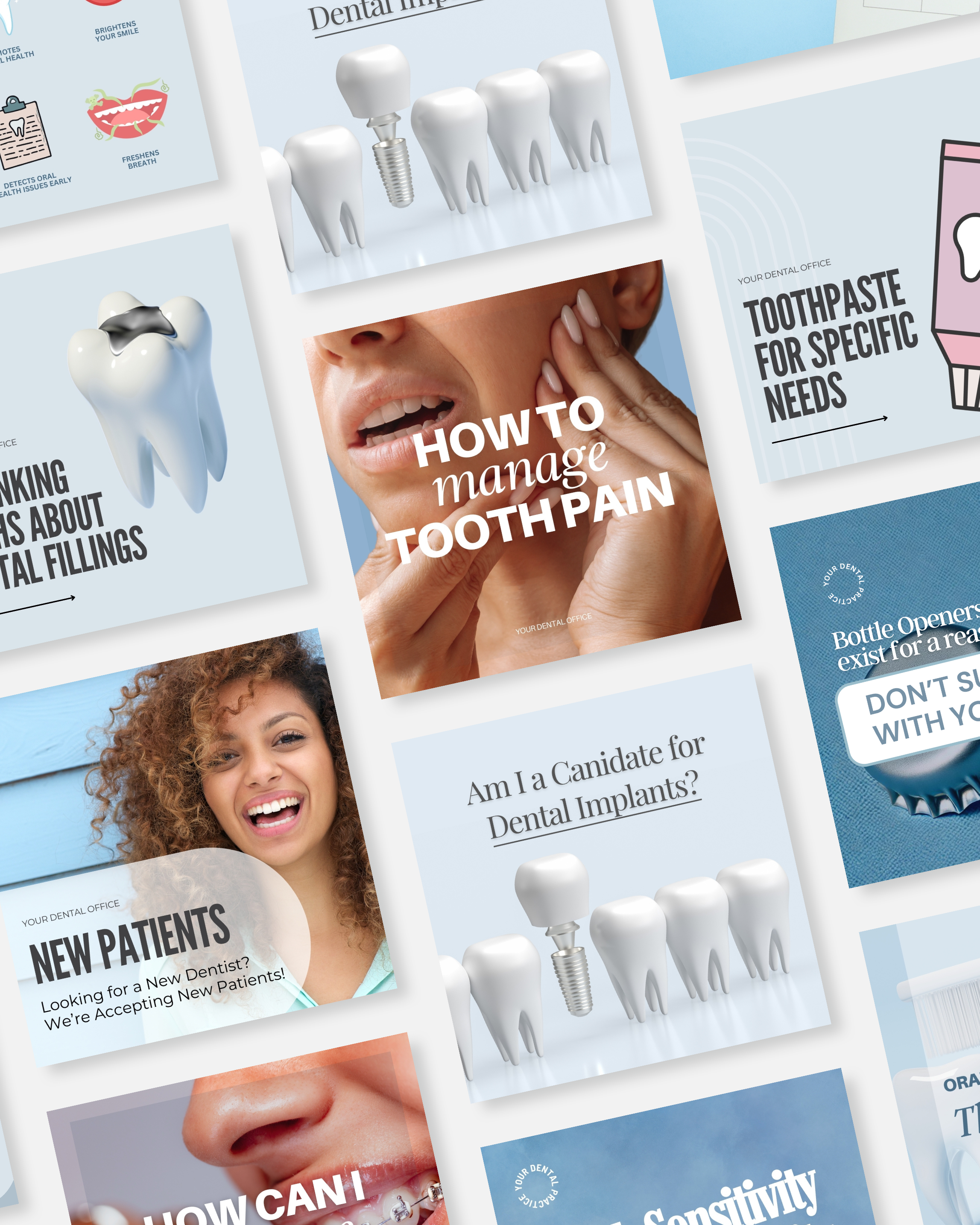 Editable Canva templates for dentists featuring Instagram posts about dental implants, managing tooth pain, new patient marketing, and oral health education