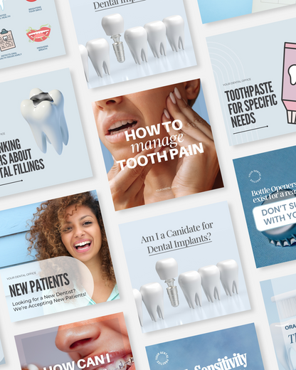 Editable Canva templates for dentists featuring Instagram posts about dental implants, managing tooth pain, new patient marketing, and oral health education