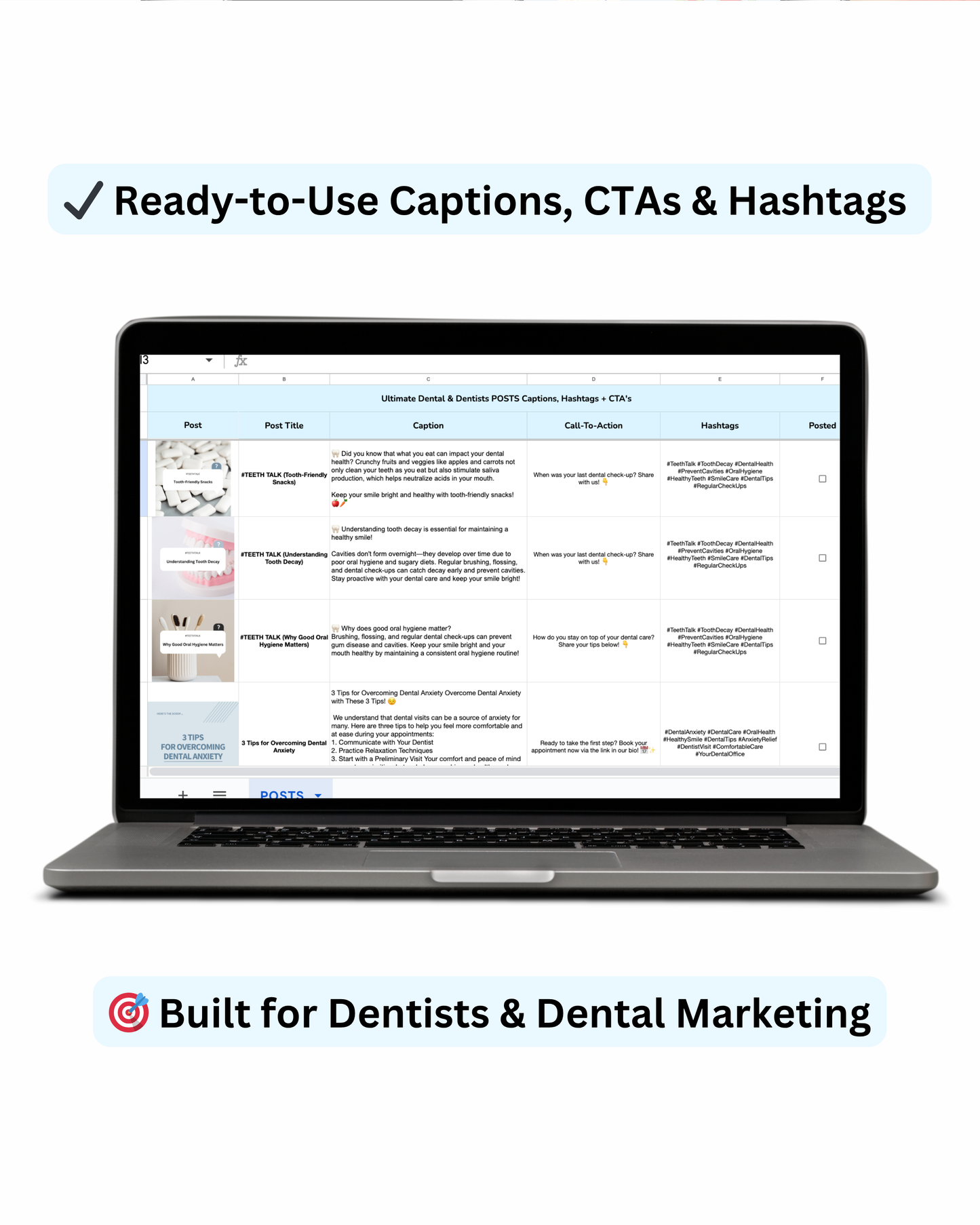 Ready-to-use dental Instagram content spreadsheet with prewritten captions, calls to action, and hashtags for dentists