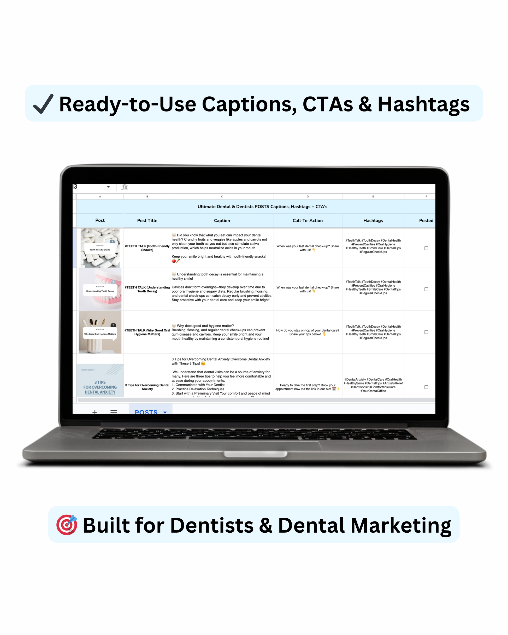 Ready-to-use dental Instagram content spreadsheet with prewritten captions, calls to action, and hashtags for dentists