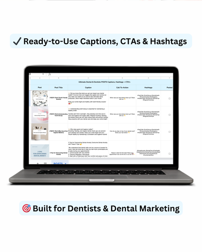 Ready-to-use dental Instagram content spreadsheet with prewritten captions, calls to action, and hashtags for dentists