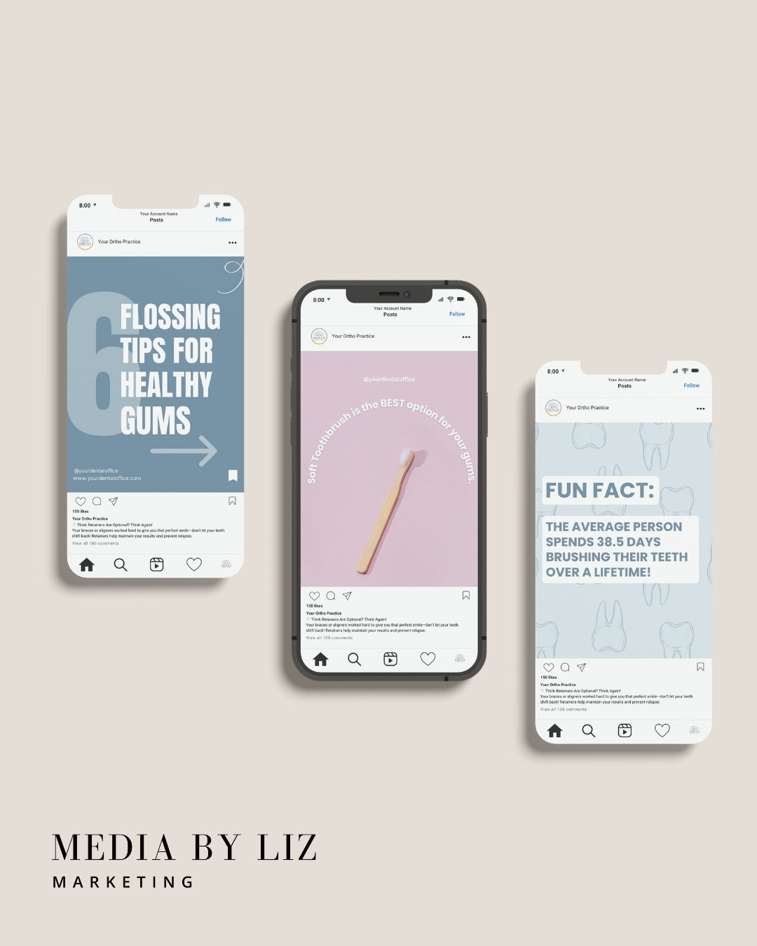 Instagram mockups featuring educational dentist Canva templates with oral hygiene tips, designed for dental marketing professionals.