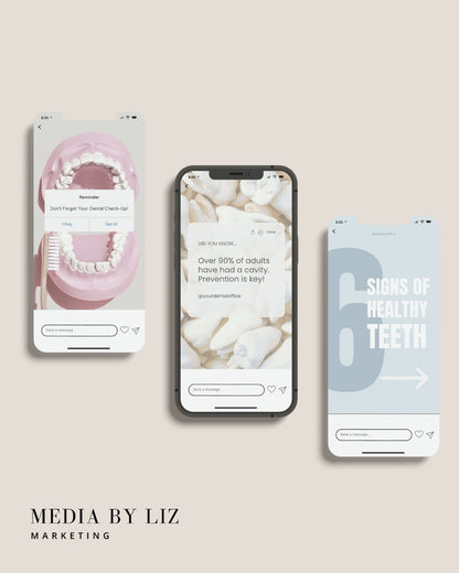 Aesthetic mobile mockup showcasing Canva Instagram Story templates for dental practices. Includes educational slides like “6 Signs of Healthy Teeth” and “Don’t Forget Your Dental Check-Up.