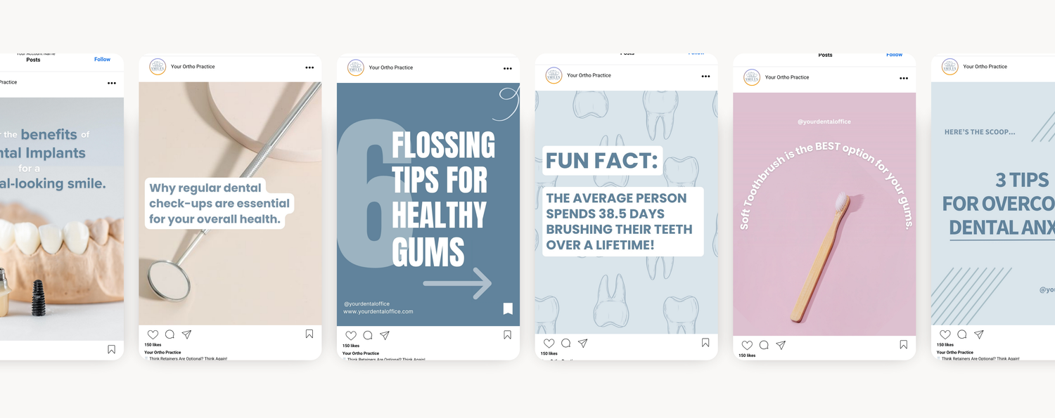 Neutral-toned Instagram feed mockup for dental practices with educational post templates