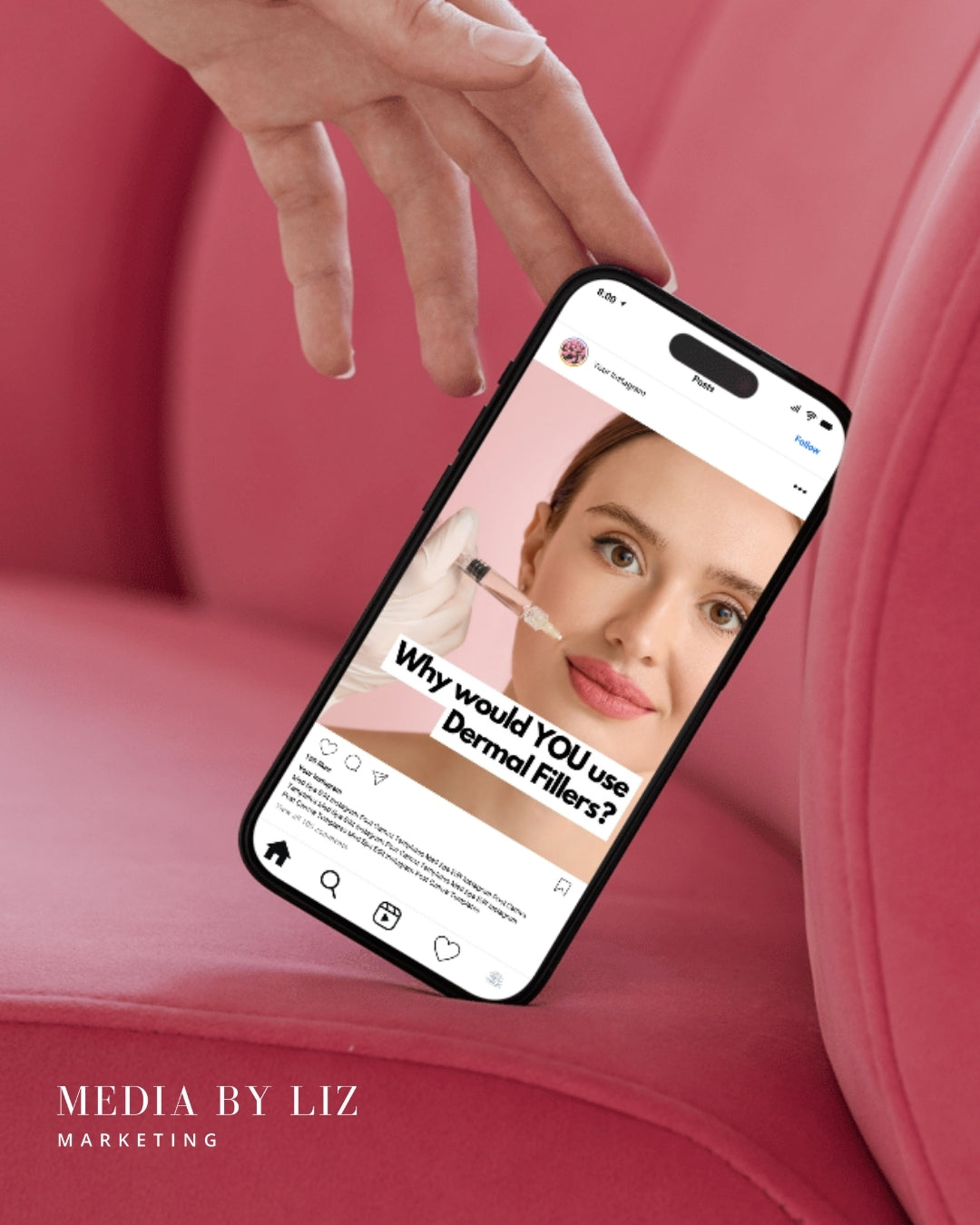 Close-up preview of dermal filler Instagram post on iPhone mockup, created with Canva for med spa businesses to educate clients on injectables, build trust, and drive more bookings through strategic content.

