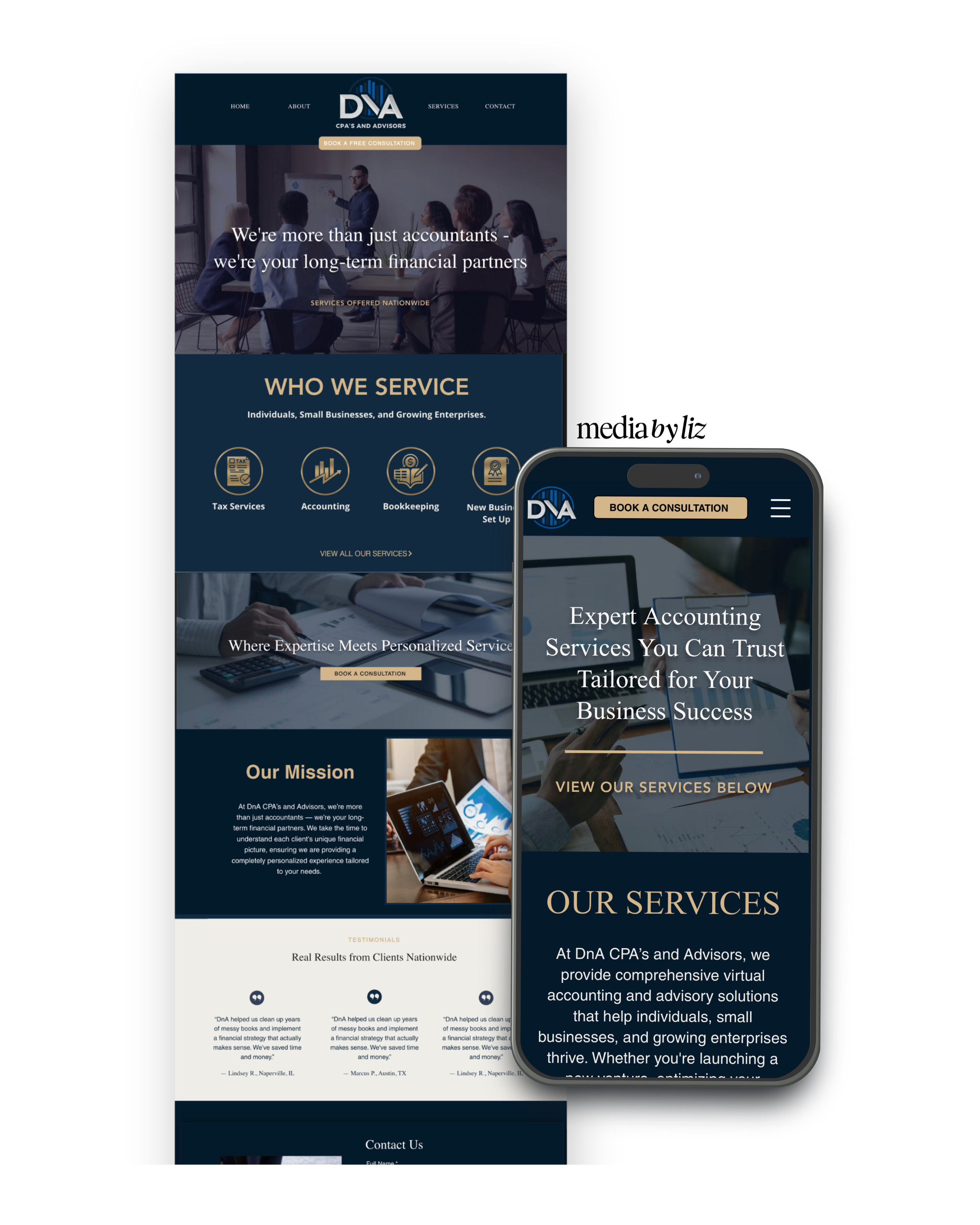 Custom Wix website design for accounting firm DnA CPA’s and Advisors, featuring responsive mobile and desktop layout by Media by Liz