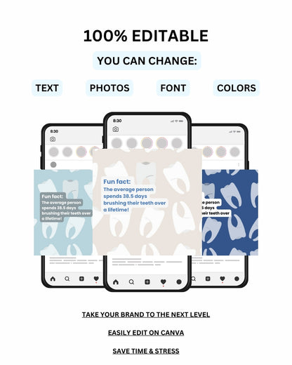 Fully editable Canva Instagram templates for dentists showing customization of text, fonts, colors, and photos for dental marketing content