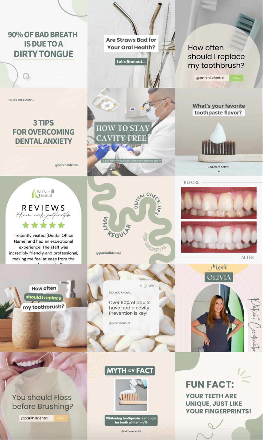 Instagram content grid for Park Hill Dental featuring educational dental posts, patient reviews, brushing and flossing tips, cavity prevention facts, and a patient care team introduction