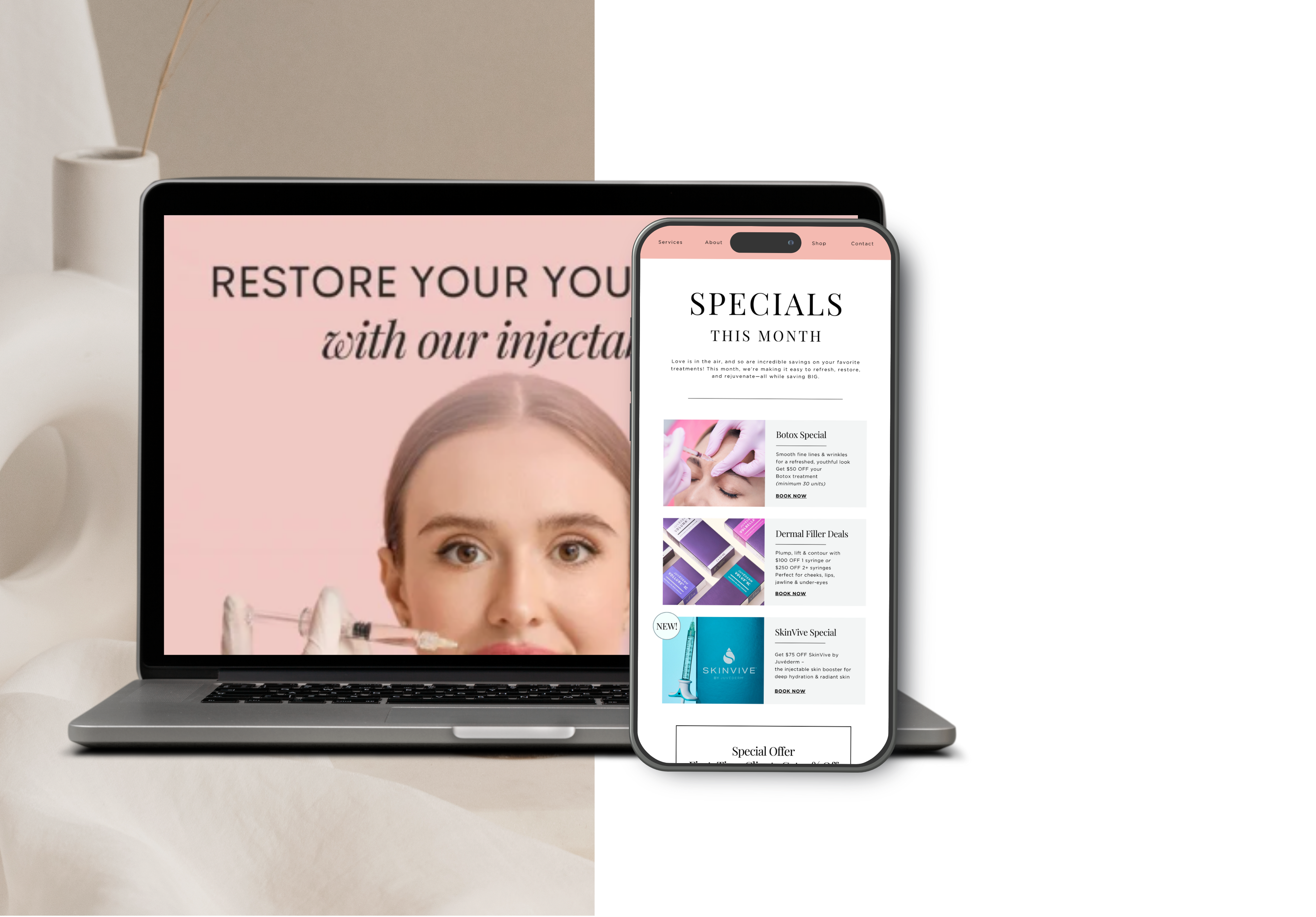 Custom email marketing design for med spas featuring monthly Botox, dermal filler, and SkinVive specials created by Media by Liz

