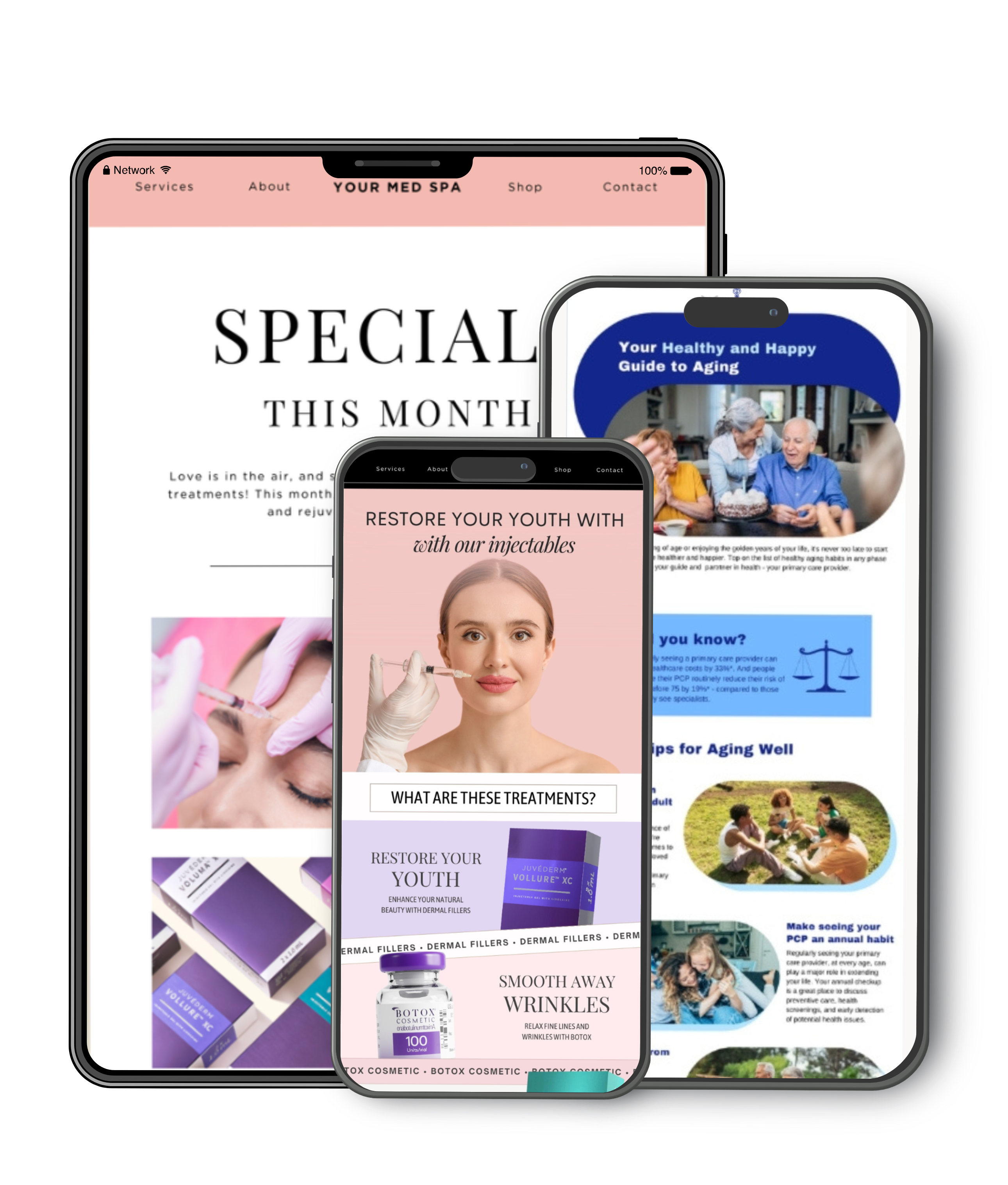 Responsive email marketing templates for med spas and wellness brands, showcasing customizable mobile and tablet-friendly Canva designs for injectables and monthly promotions.
