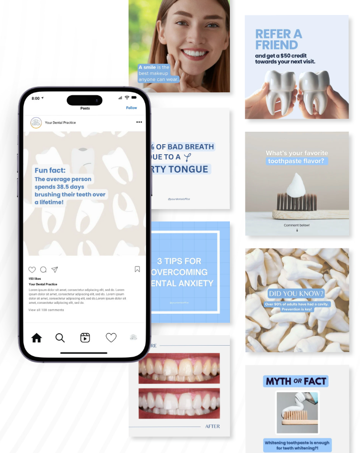 Dental Instagram Canva templates for teeth whitening, brushing tips, dental myths, patient referrals, and oral hygiene education designed for dentists