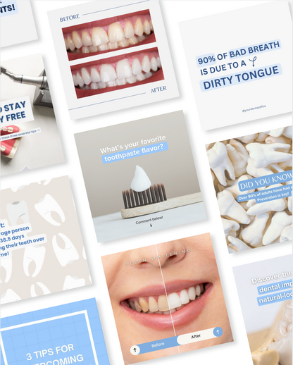 Editable Canva Instagram templates for dentists featuring teeth whitening before-and-after, tongue hygiene, toothpaste tips, and dental patient education posts