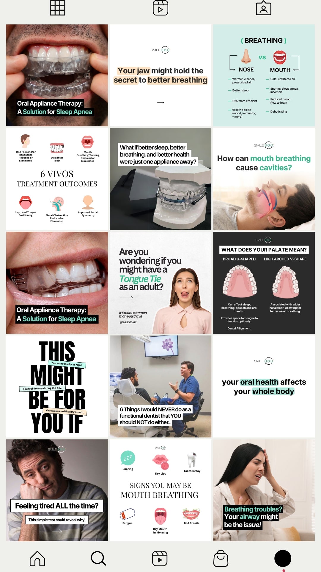Instagram carousel showcasing Smile 360 ATX’s functional dentistry content, including educational posts on sleep apnea, oral appliance therapy, tongue tie, airway health, and mouth breathing symptoms