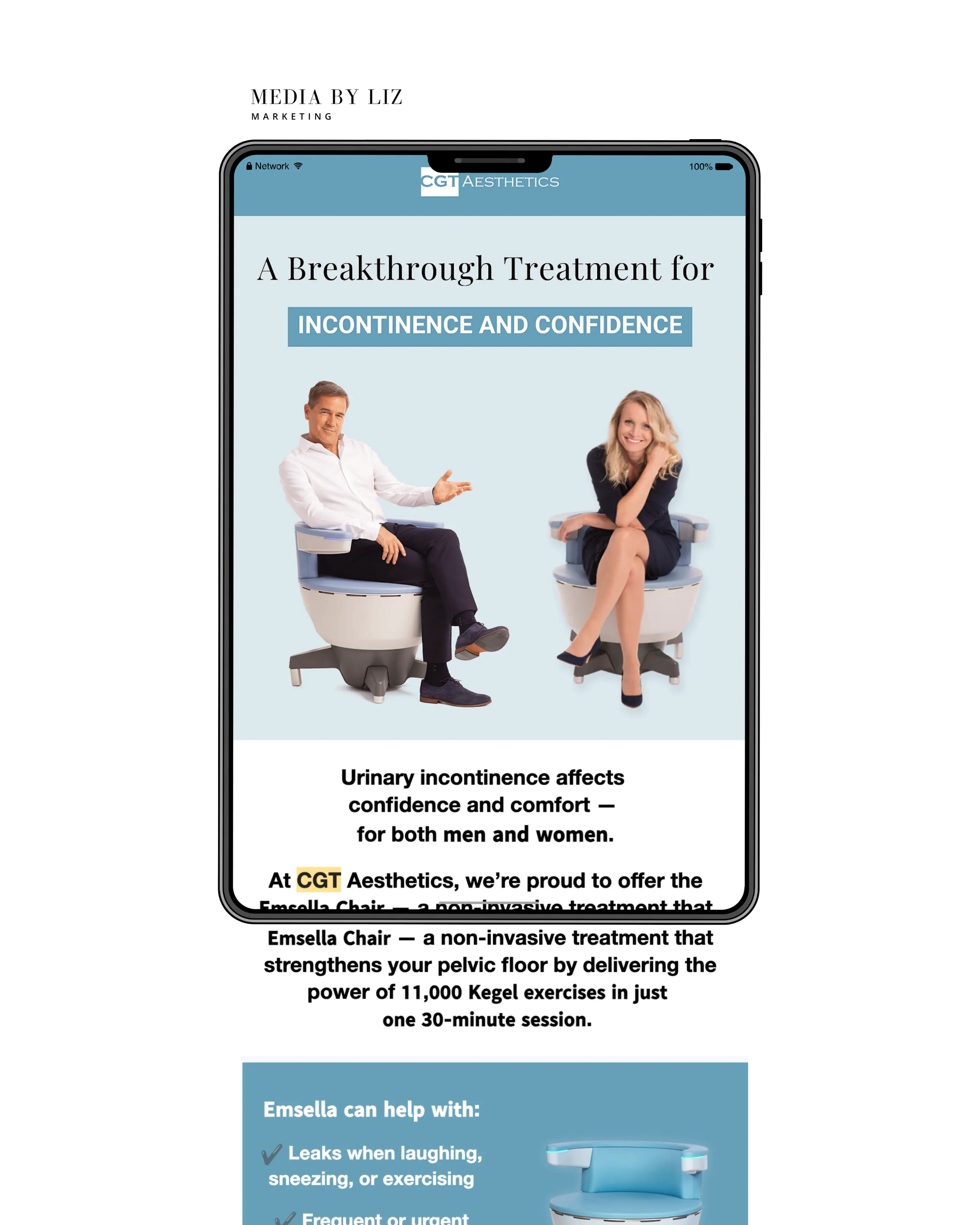 Email campaign promoting Emsella chair treatment for incontinence and confidence
