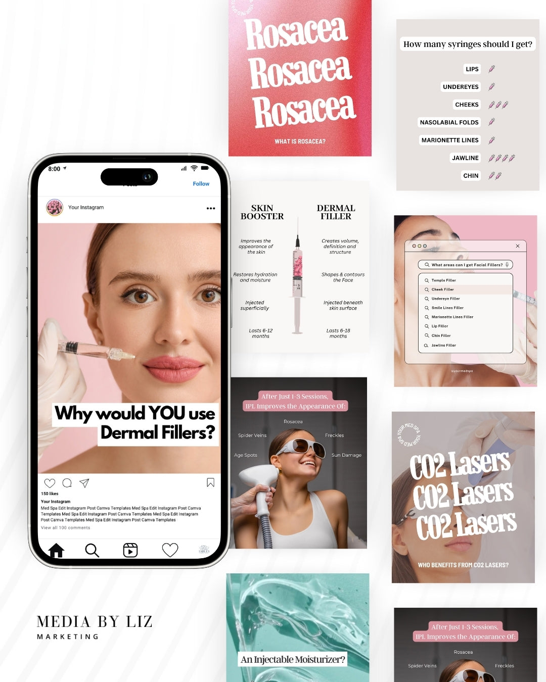 Flatlay of med spa Instagram templates designed for injectors and skincare professionals to educate, convert, and book more clients — part of the Booked & Branded collection from Media by Liz.

