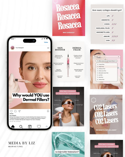 Flatlay of med spa Instagram templates designed for injectors and skincare professionals to educate, convert, and book more clients — part of the Booked & Branded collection from Media by Liz.

