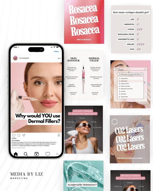 Flatlay of med spa Instagram templates designed for injectors and skincare professionals to educate, convert, and book more clients — part of the Booked & Branded collection from Media by Liz.

