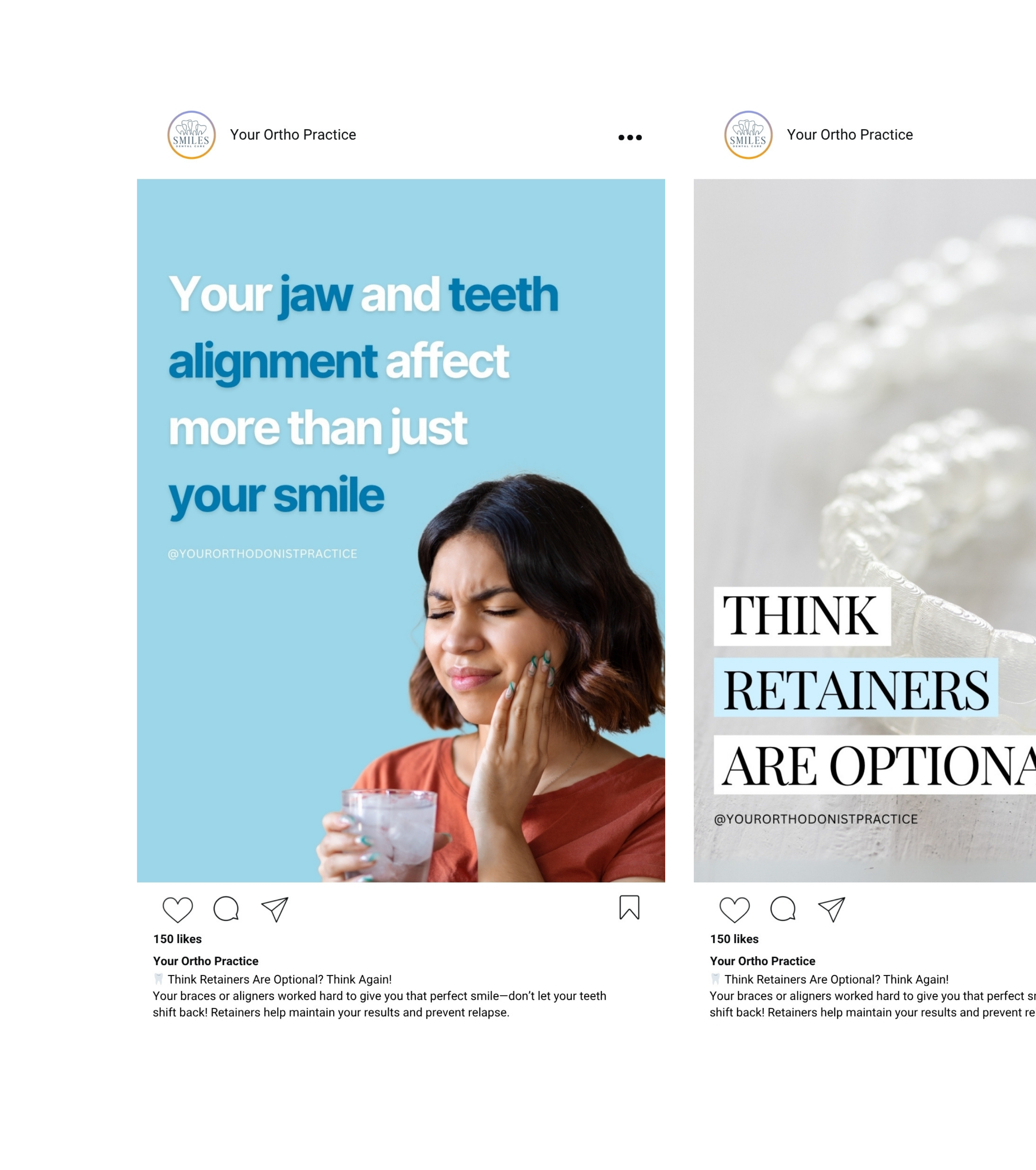 Instagram post showing a woman with jaw pain and text about how teeth and jaw alignment affect overall health, made for orthodontists’ social media content.