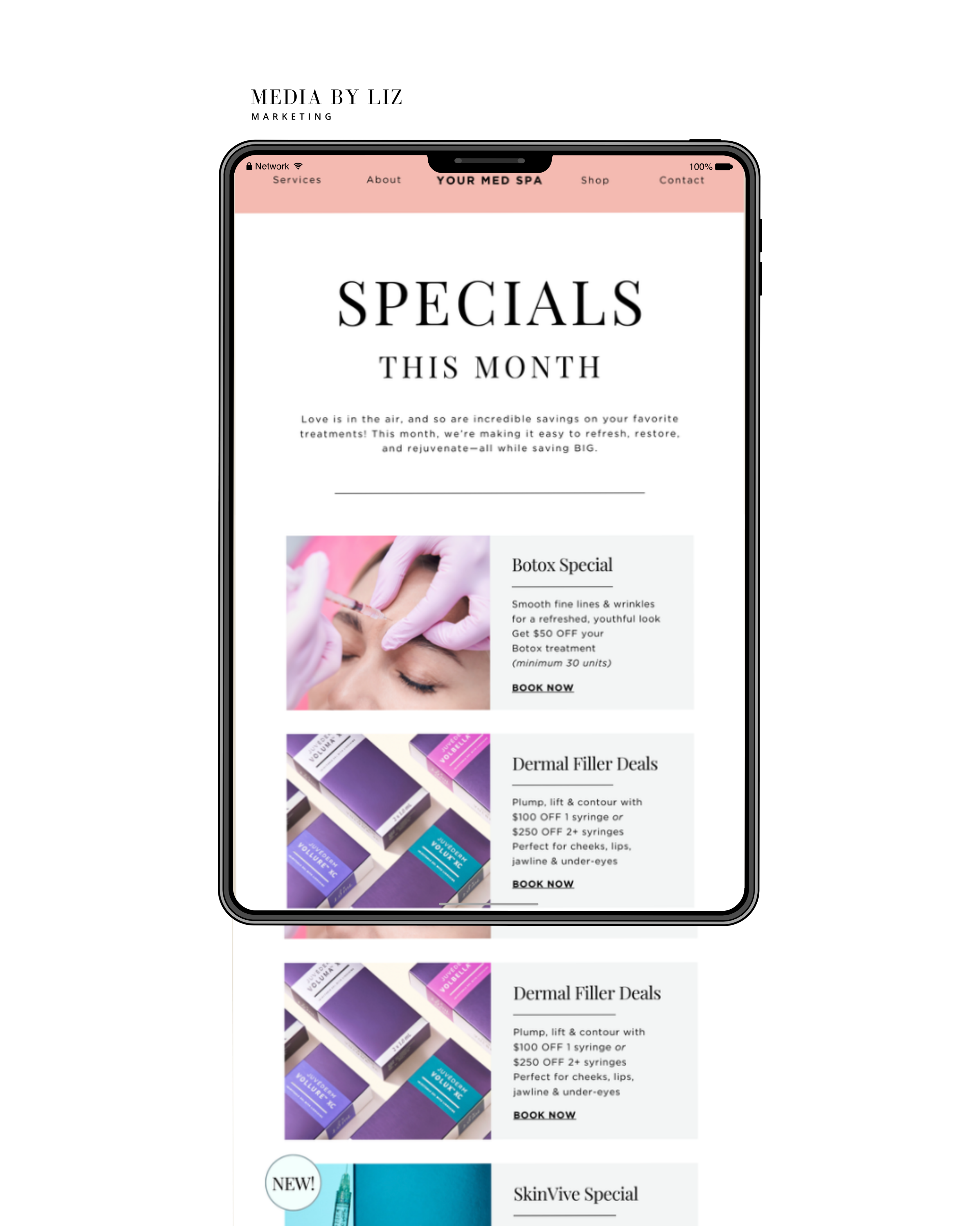 Med spa email marketing newsletter showcasing monthly Botox and filler specials