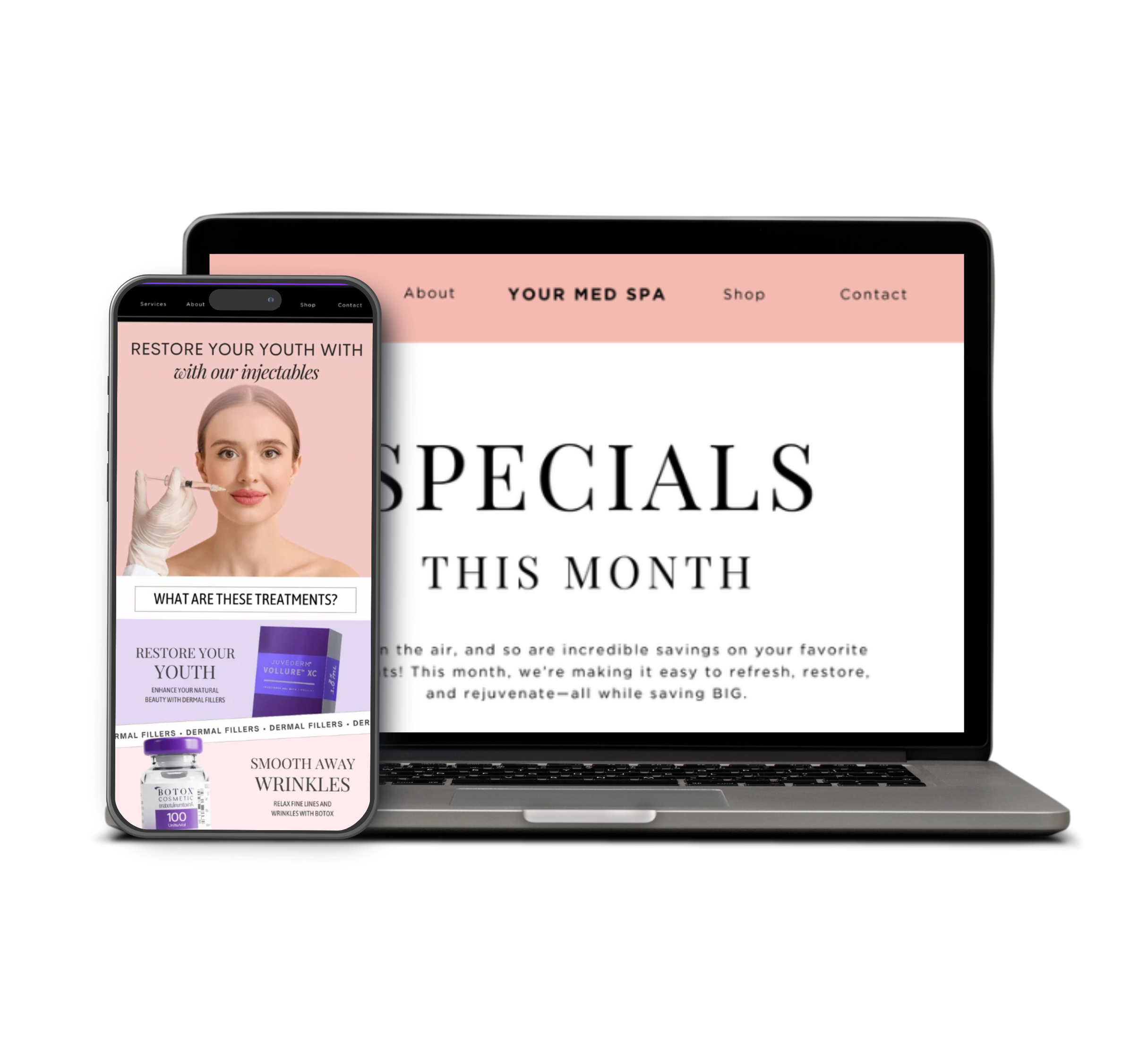 Email marketing Canva template mockup for med spas promoting injectable treatments and monthly specials, shown on mobile and laptop screens.