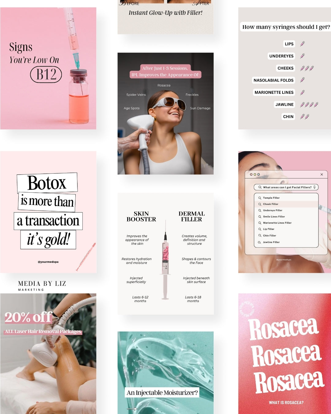 Instagram carousel-style Canva templates designed for med spas featuring educational posts on rosacea, fillers, and IPL results to help boost patient trust, brand authority, and online visibility.
