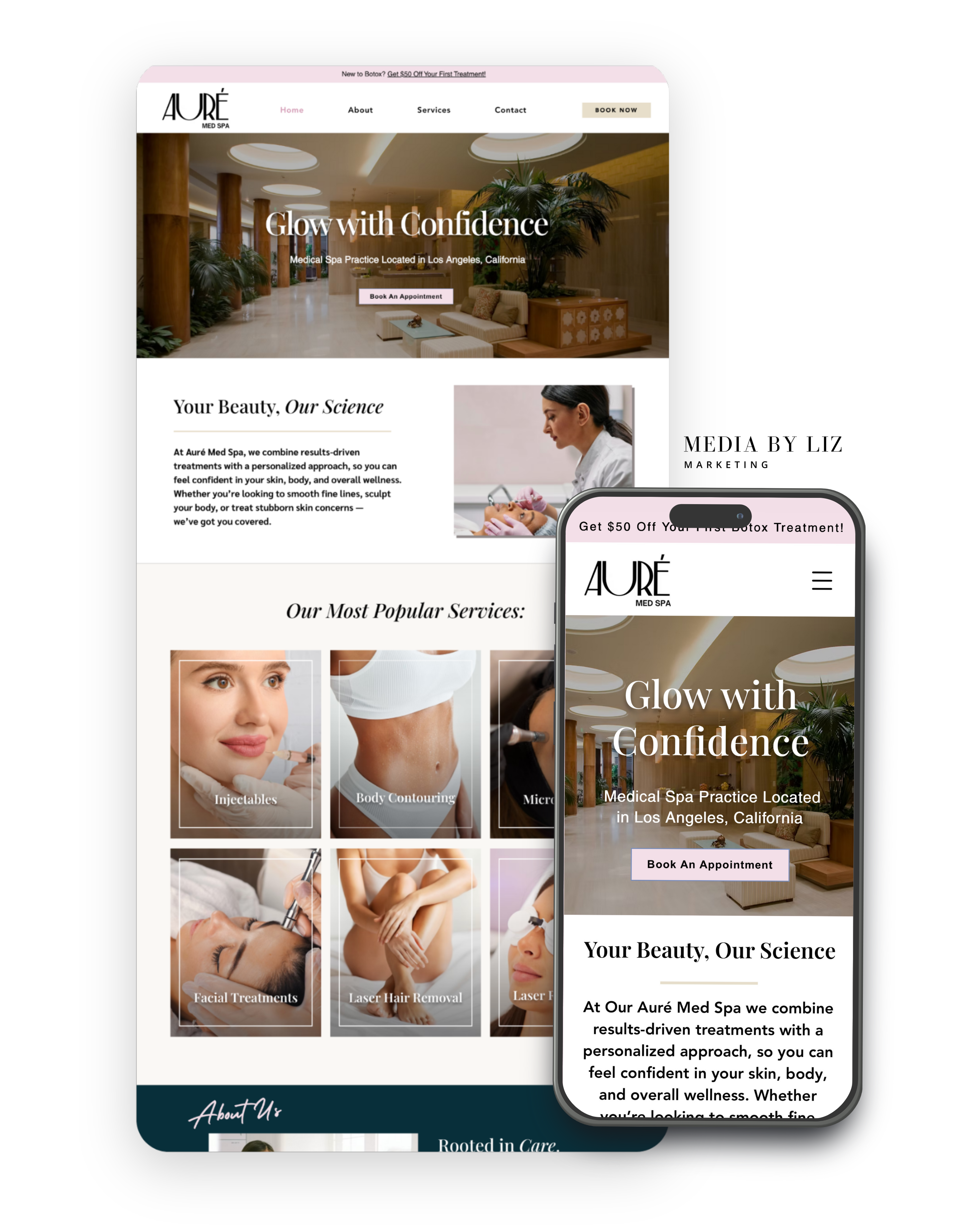 Responsive Wix website template for med spa practices featuring service sections, call-to-action buttons, and mobile-optimized design by MBL Marketing