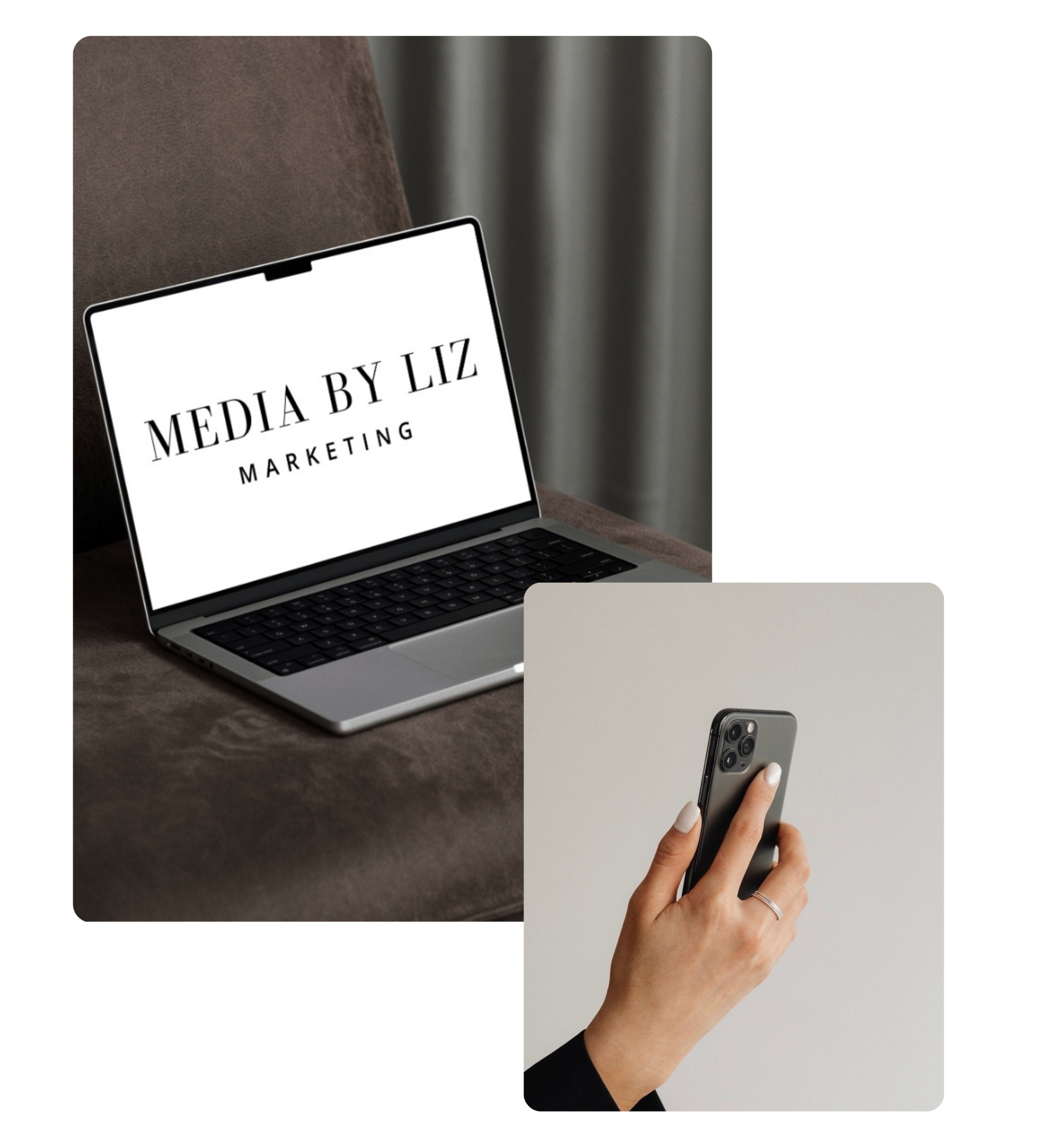 Laptop displaying Media by Liz Marketing logo on screen next to a hand holding a smartphone, showcasing digital marketing visuals and branding.