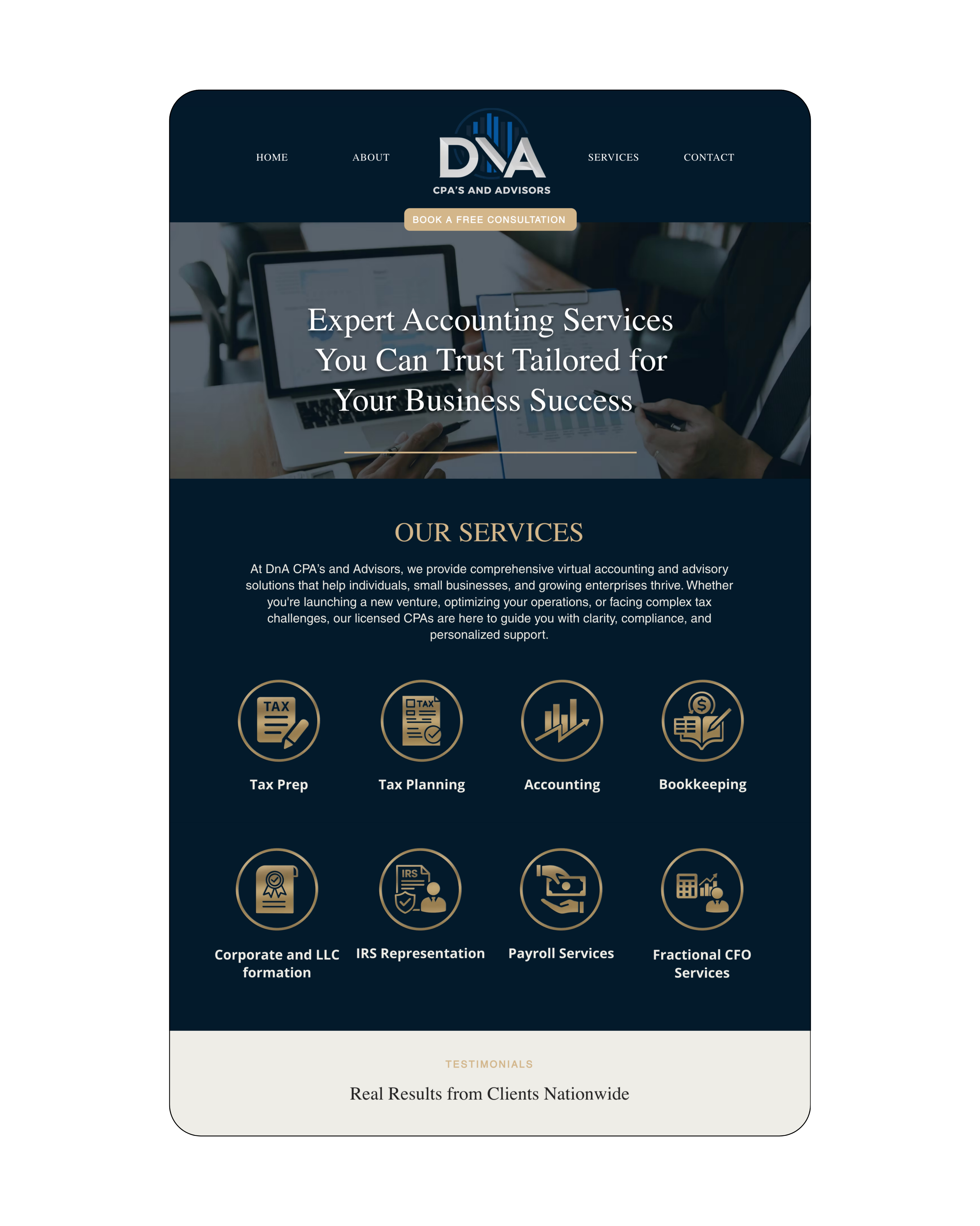 CPA website design highlighting tax preparation, bookkeeping, and advisory services