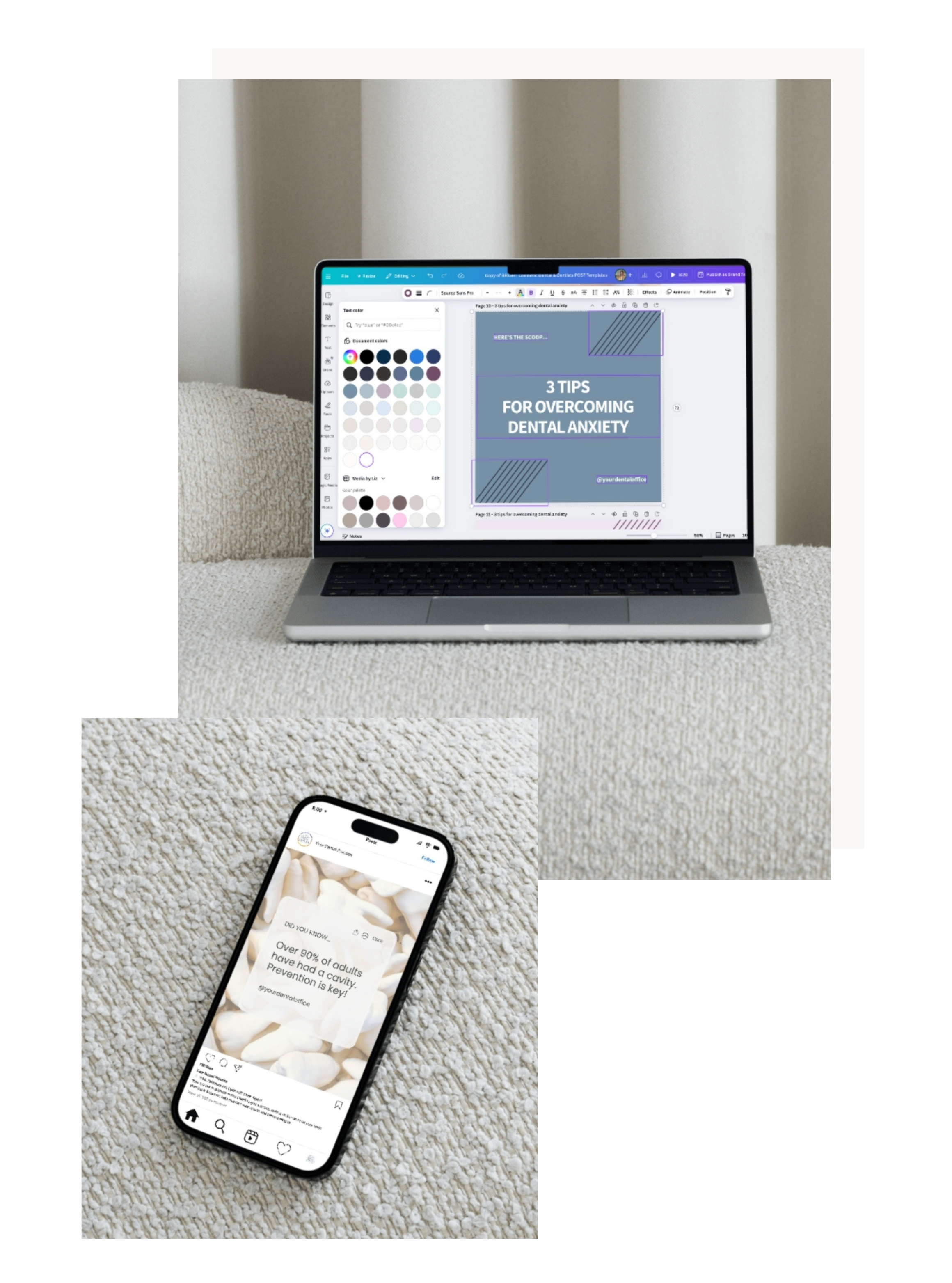 Neutral Dentist Canva Instagram Post Templates shown on laptop and phone mockup, customizable in Canva for dental practices