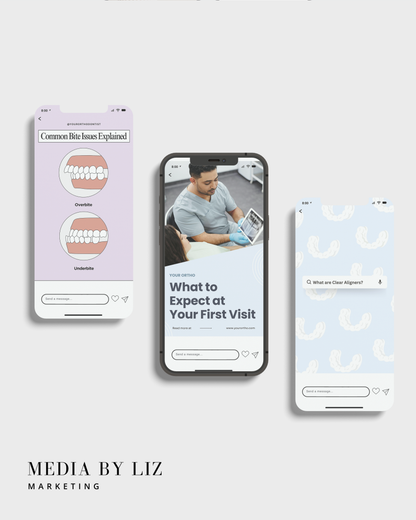Orthodontist Instagram Story template in Canva showing “What to Expect at Your First Visit” with patient consultation photo — perfect for dental practices


