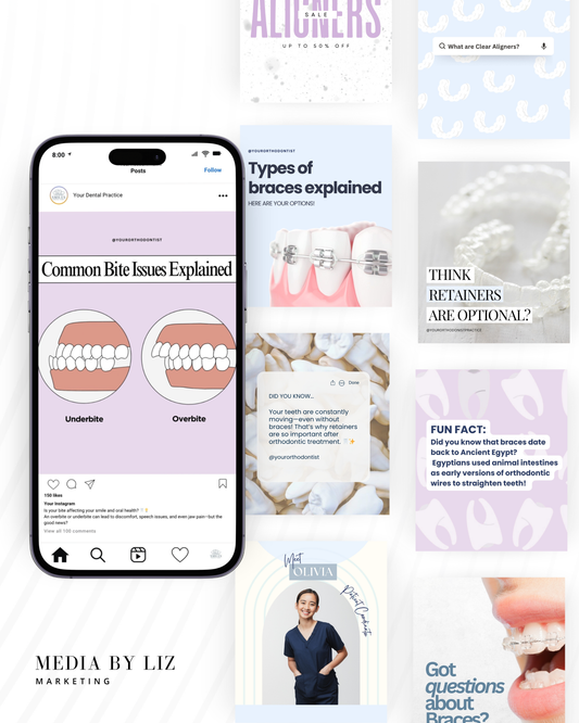 Neutral orthodontist Instagram Canva templates – 80 editable post designs in 4:5 format, perfect for dental professionals promoting braces and smile makeovers.