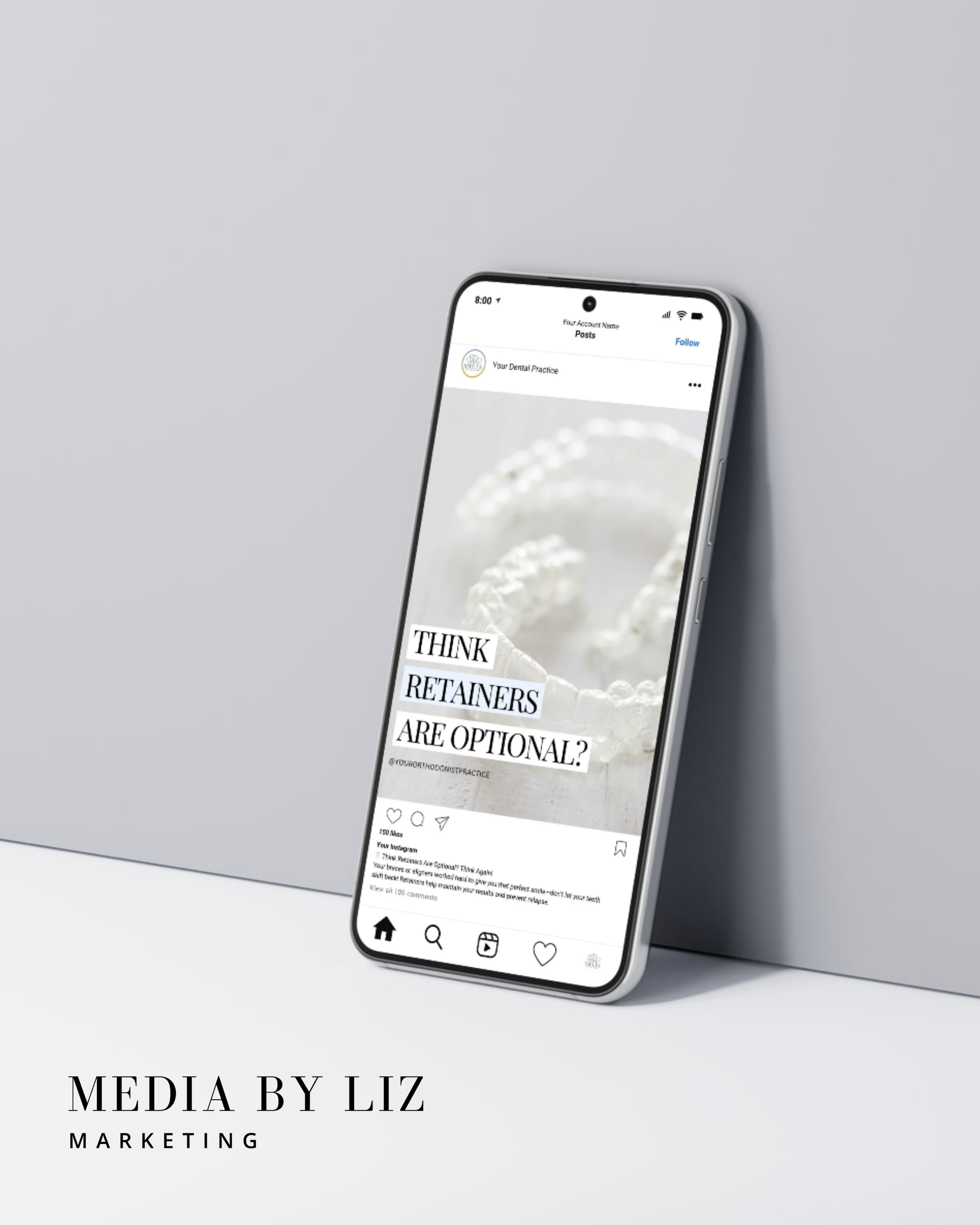 iPhone mockup displaying an orthodontist Instagram post template explaining retainers — part of a Canva social media kit for dental professionals.