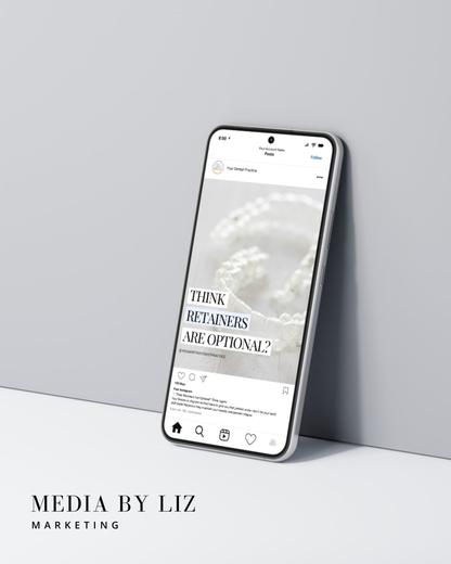 iPhone mockup displaying an orthodontist Instagram post template explaining retainers — part of a Canva social media kit for dental professionals.