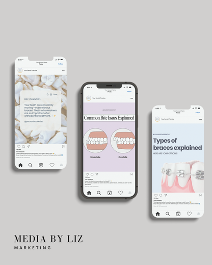 Instagram post mockups for orthodontists featuring educational content on retainers, bite issues, and types of braces — part of a Canva template kit designed to grow dental practice engagement on social media.
