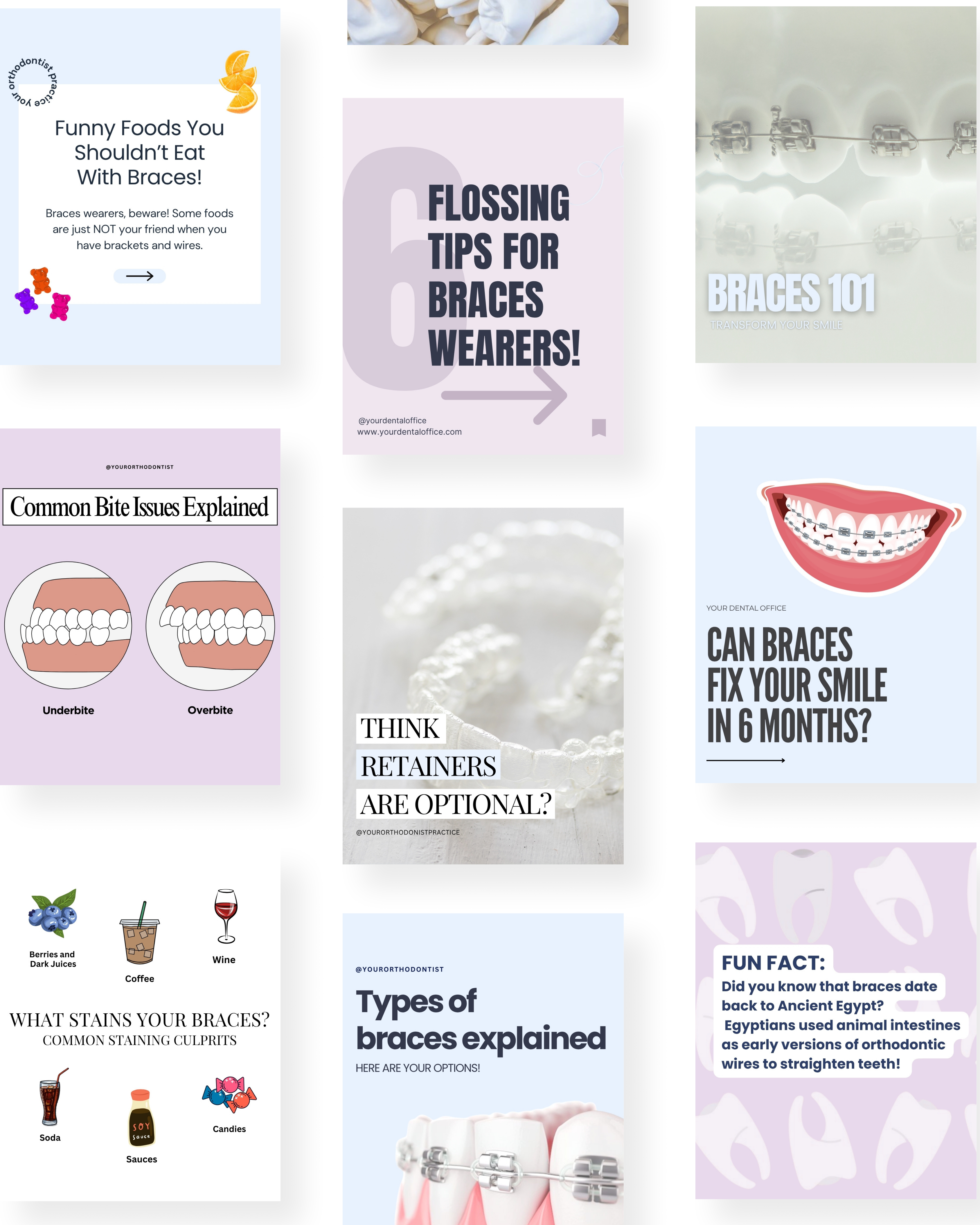 Instagram post templates designed for orthodontists, featuring educational and engaging content on braces care, aligner tips, retainer reminders, bite issues, and dental history facts—ideal for boosting visibility and patient trust online.

