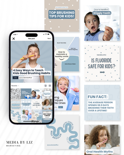 Editable social media templates for pediatric dentists featuring educational Instagram posts about brushing, baby teeth importance, and dental myths.