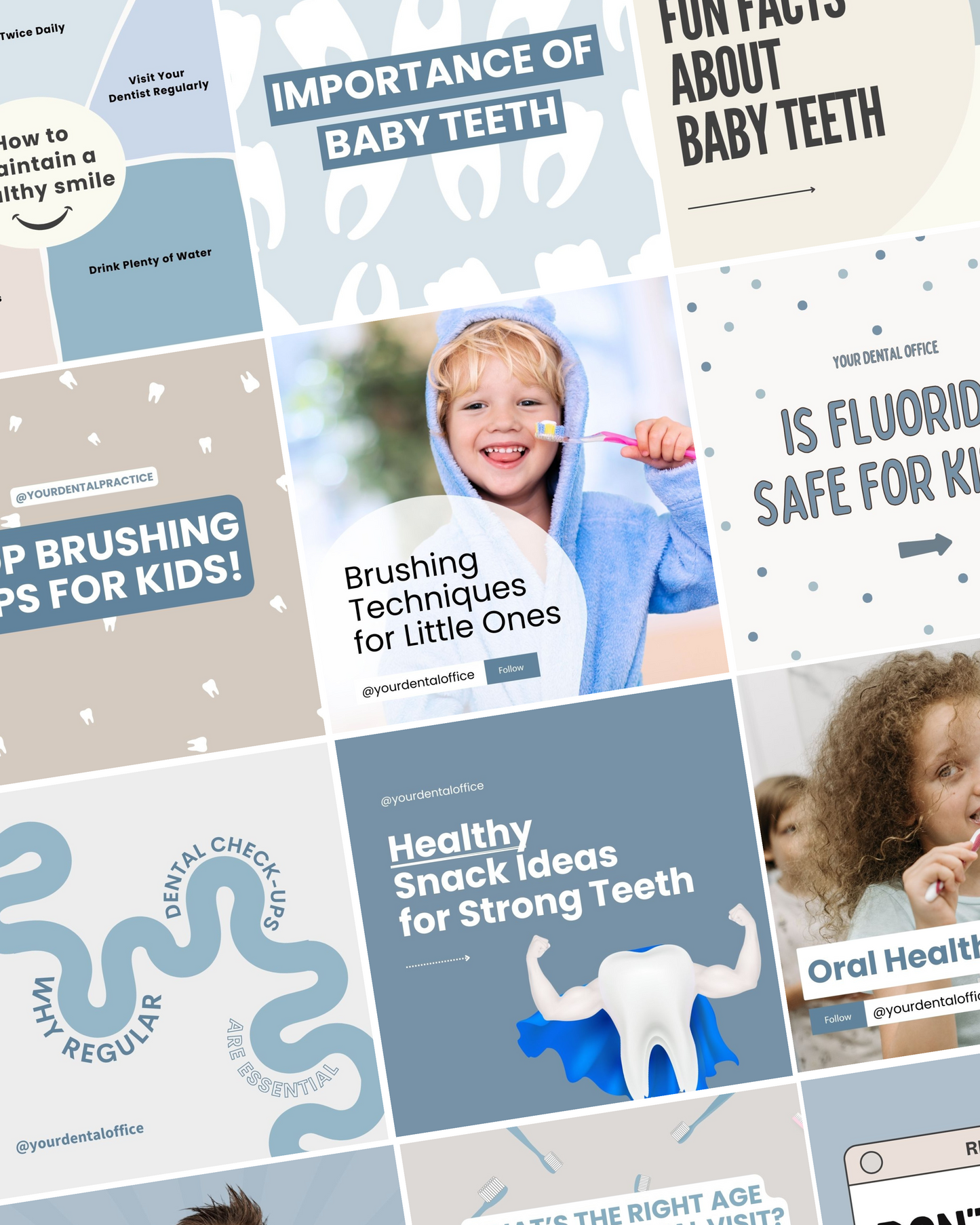 Pediatric dental marketing Instagram kit with customizable Canva templates designed for dentists to engage parents and promote children’s oral health.