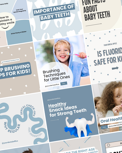 Pediatric dental marketing Instagram kit with customizable Canva templates designed for dentists to engage parents and promote children’s oral health.