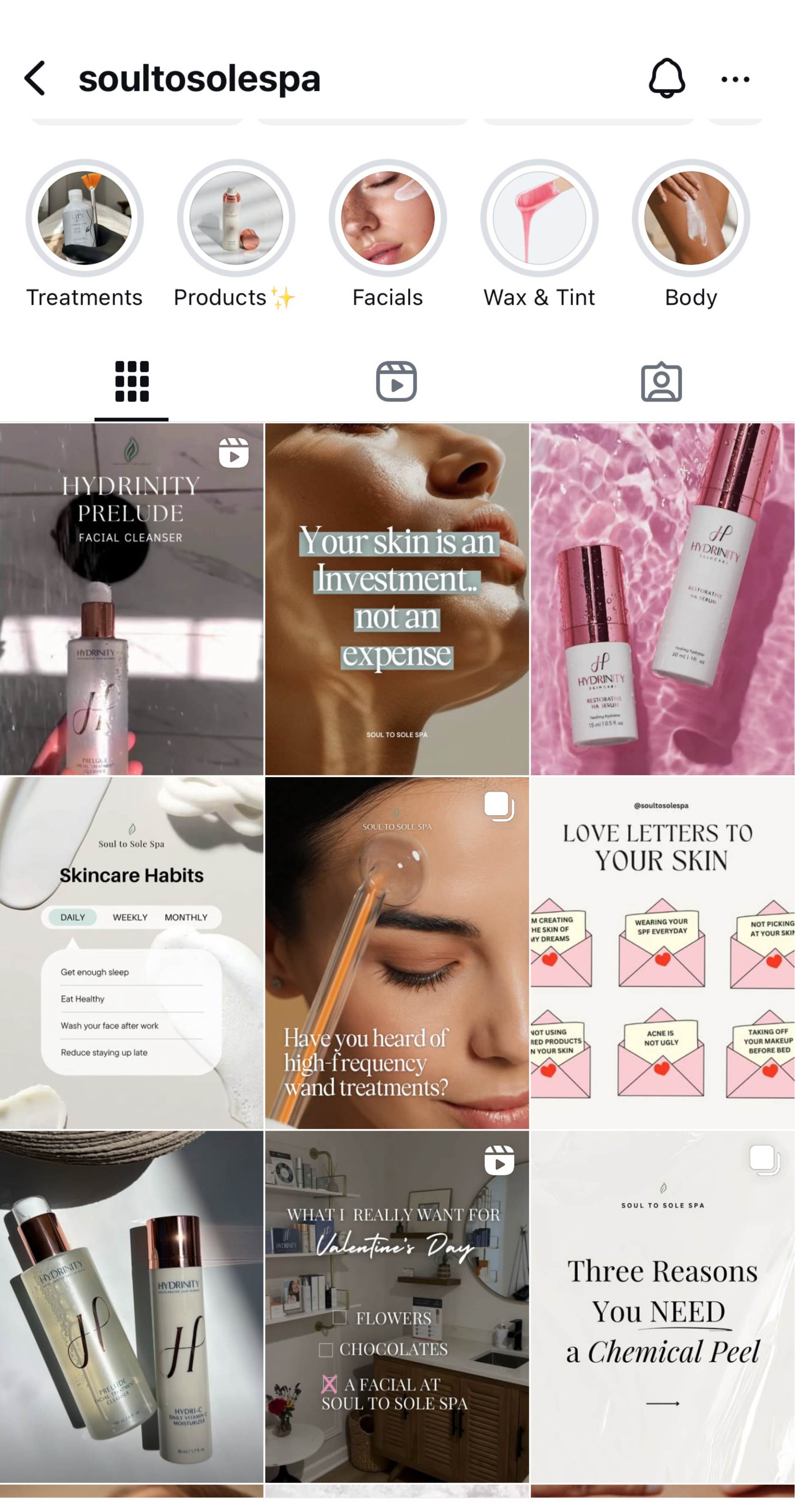 Instagram post grid for Soul to Sole Spa featuring educational skincare content, Hydrinity product visuals, facial treatment Reels, client engagement prompts, and high-frequency wand promotion