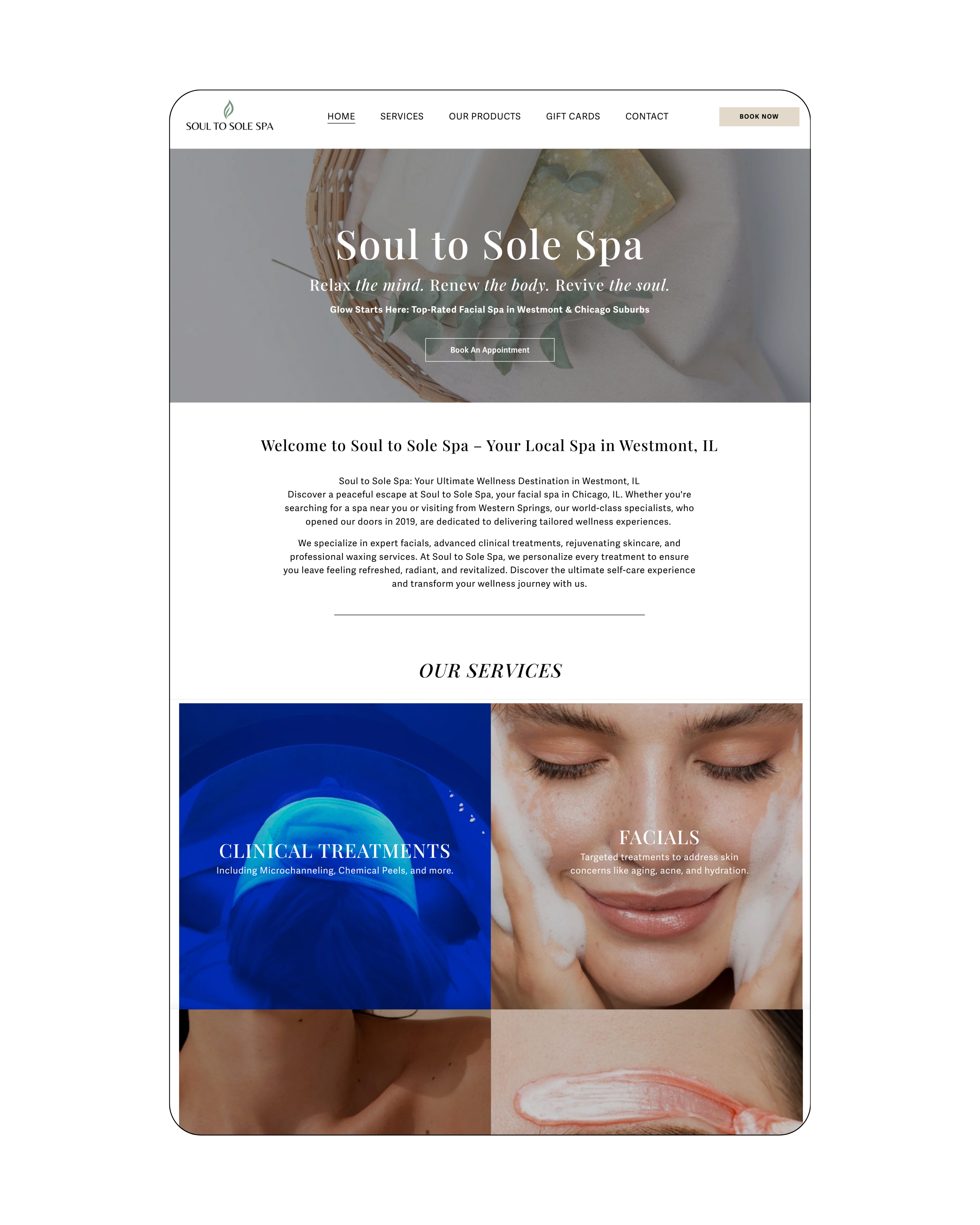 Wellness spa website design for Soul to Sole Spa in Westmont, IL with modern layout and local SEO