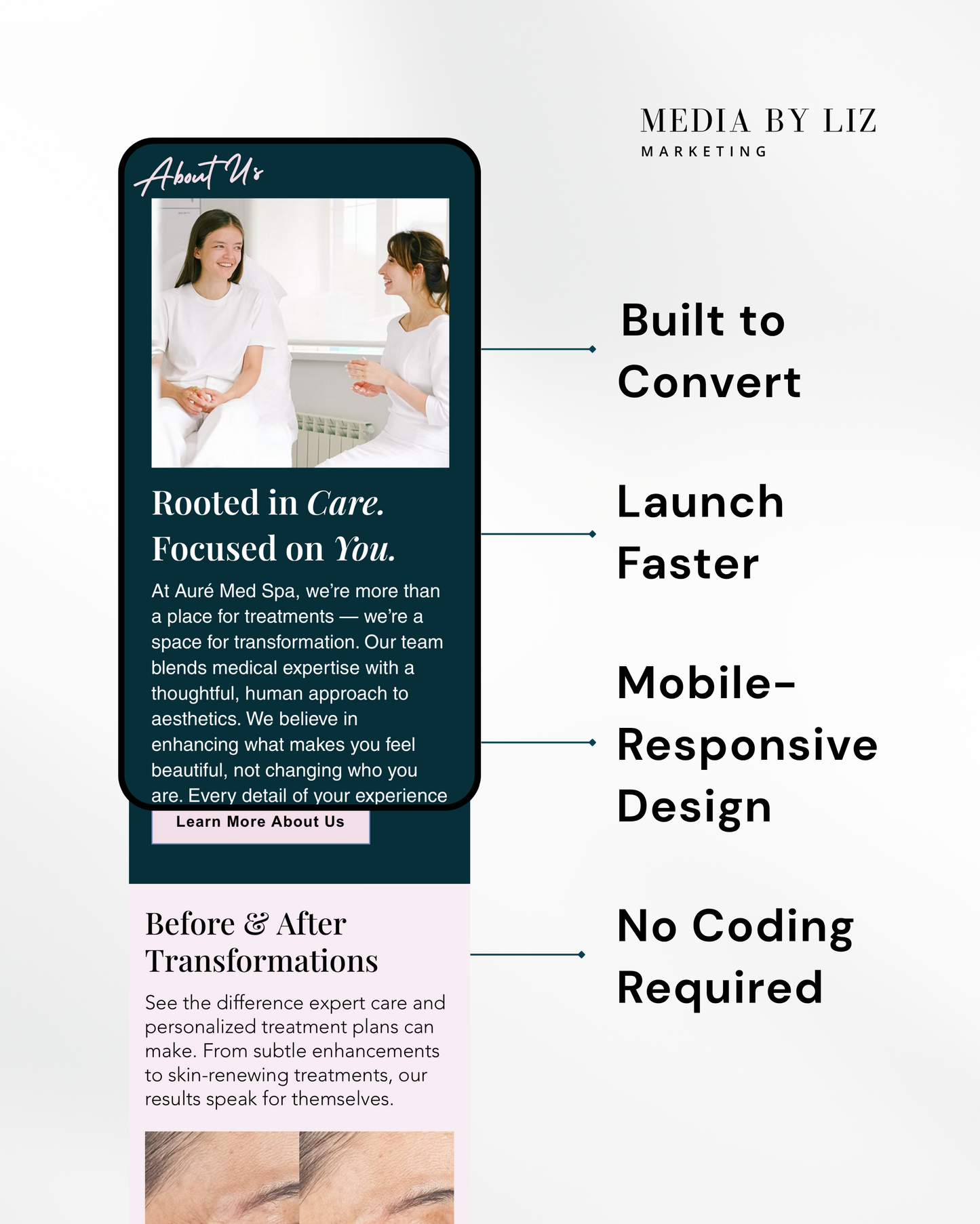 Client testimonials section in med spa Wix homepage template