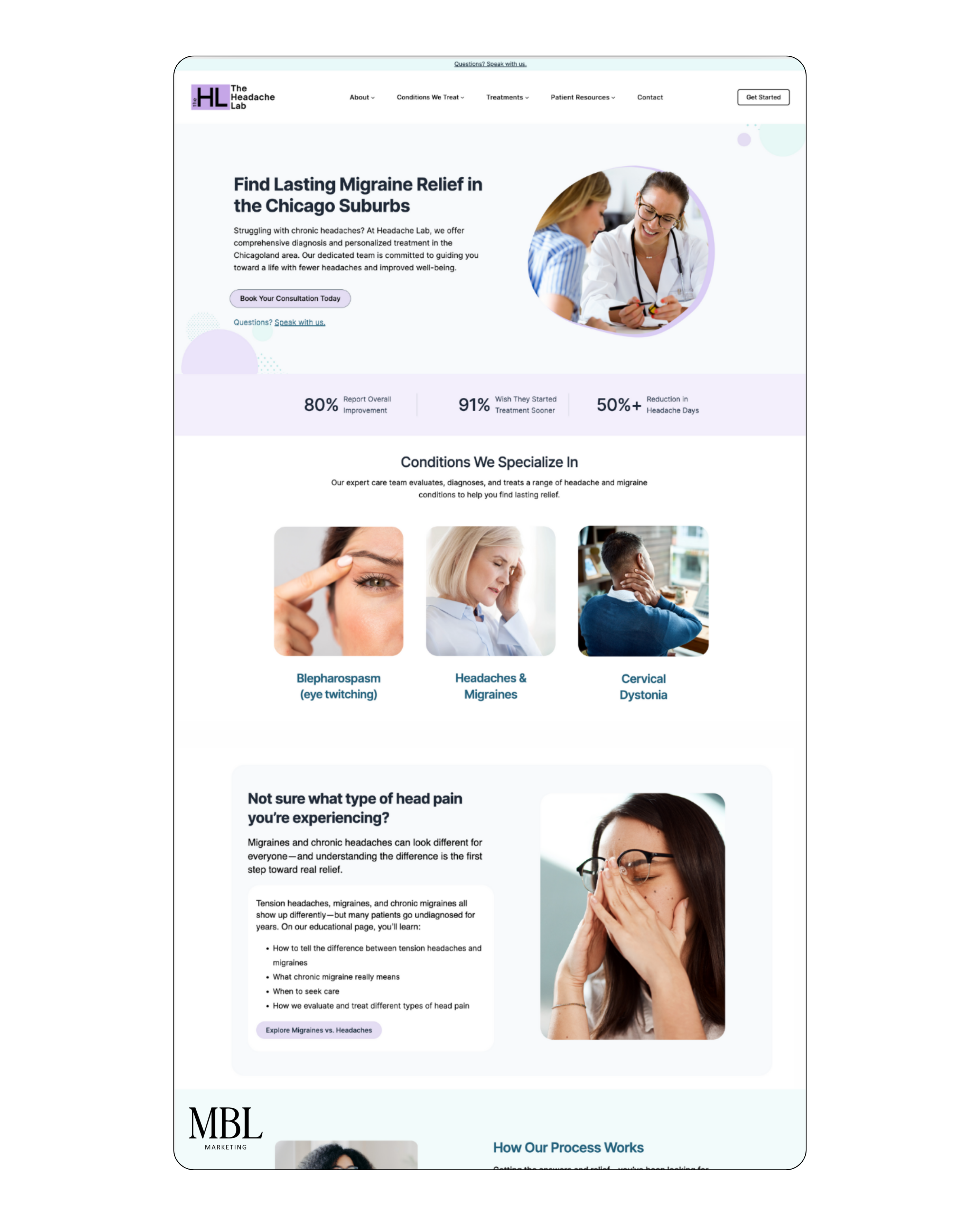Custom medical practice Wordpress website design for The Headache Lab featuring migraine treatment services, patient education, and professional healthcare branding by MBL Marketing
