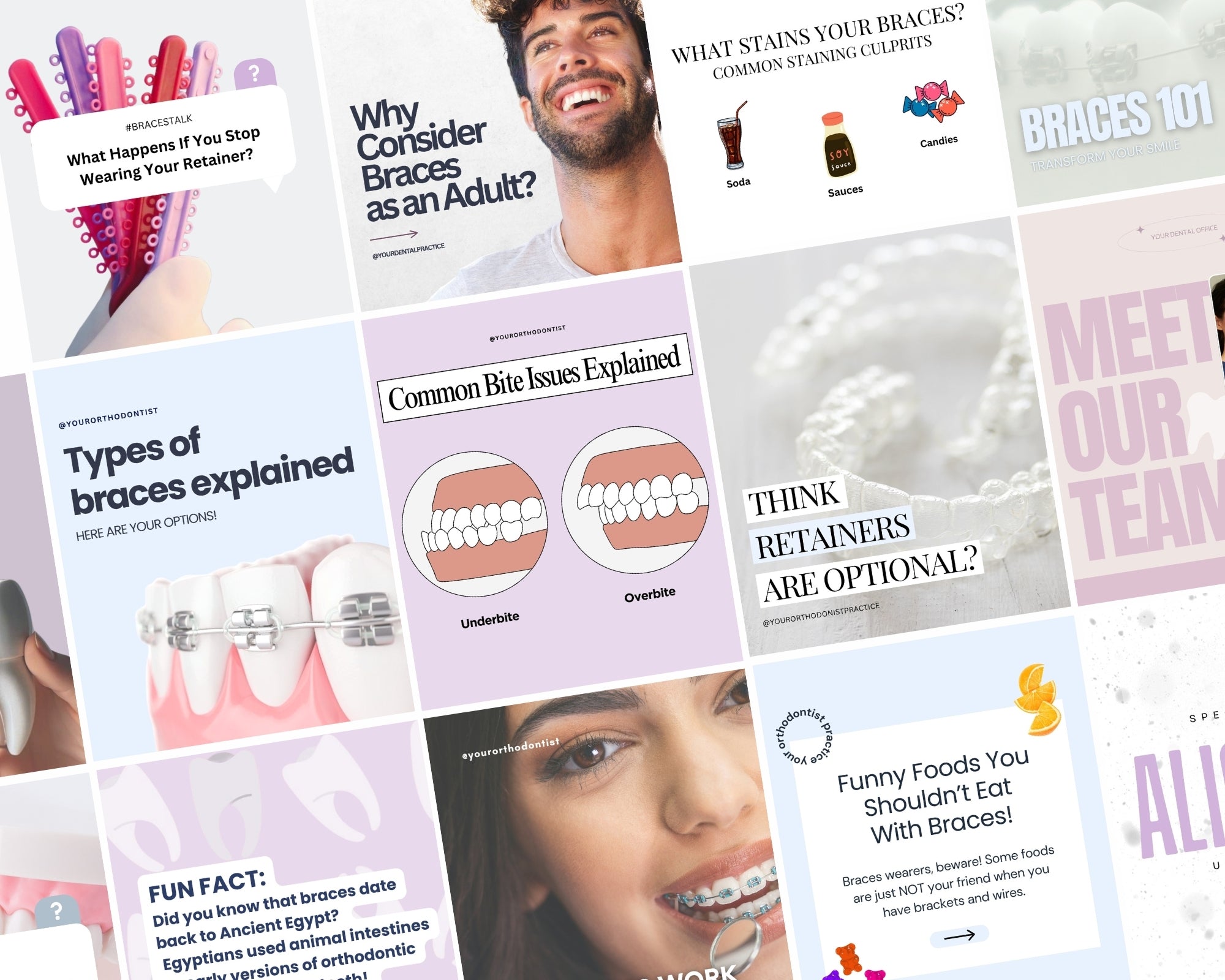 Preview of orthodontist Instagram templates featuring educational dental posts on braces, retainers, staining foods, and orthodontic myths — part of a Canva kit designed to help dental practices grow online with consistent, strategic content.