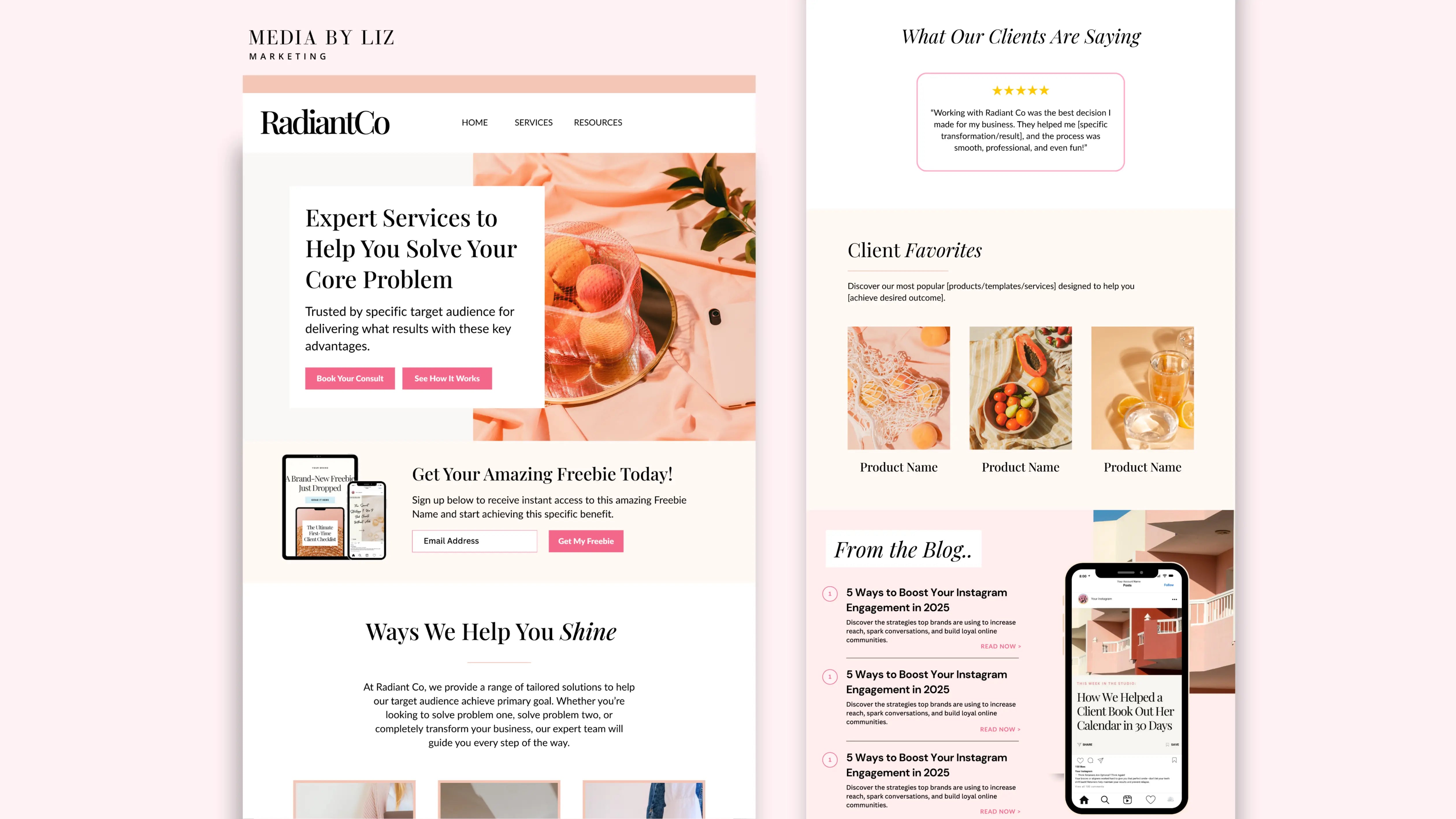 WordPress brand website design for RadiantCo featuring blog integration and SEO strategy