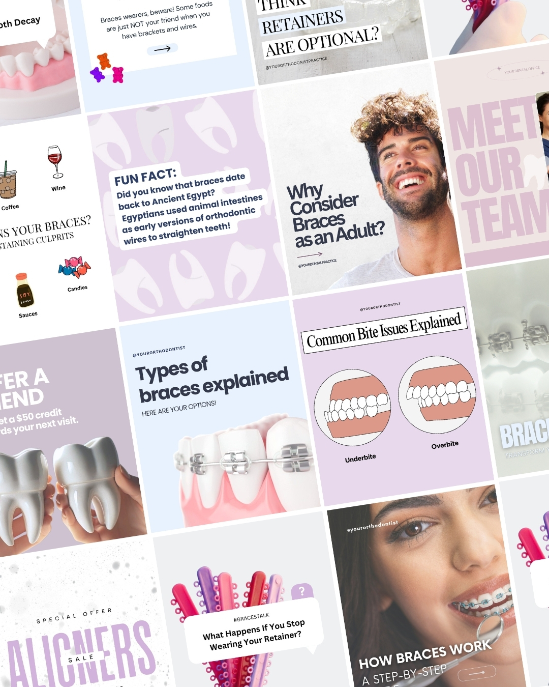 Dental Canva templates for orthodontists featuring captions, hashtags, and calls-to-action designed for social media growth