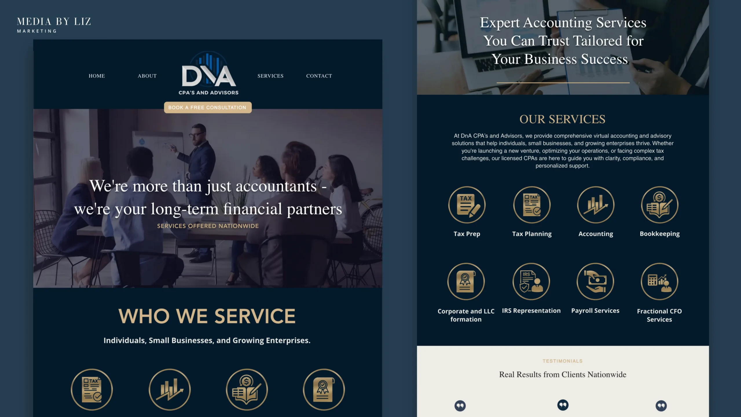 Portfolio showcase image of DnA CPAs & Advisors Wix accounting firm website design by MBL Marketing, highlighting branding consistency and SEO strategy.