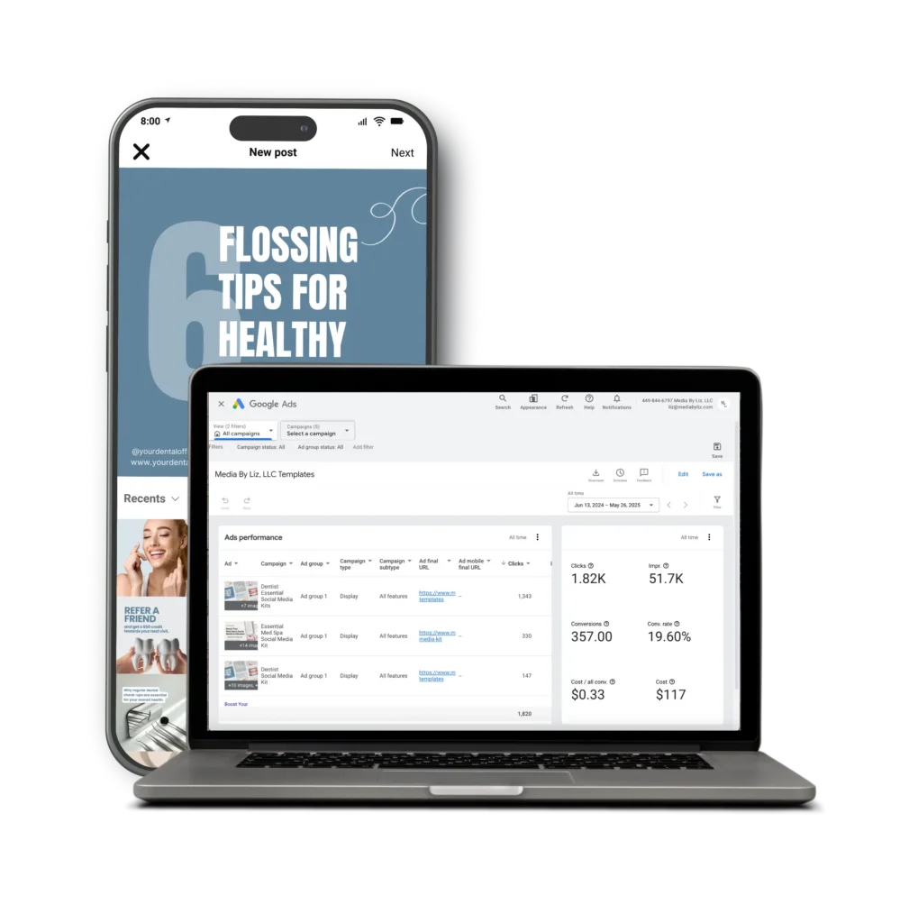 Custom social media and Google Ads performance dashboard showing dental marketing results — campaign managed by MBL Marketing