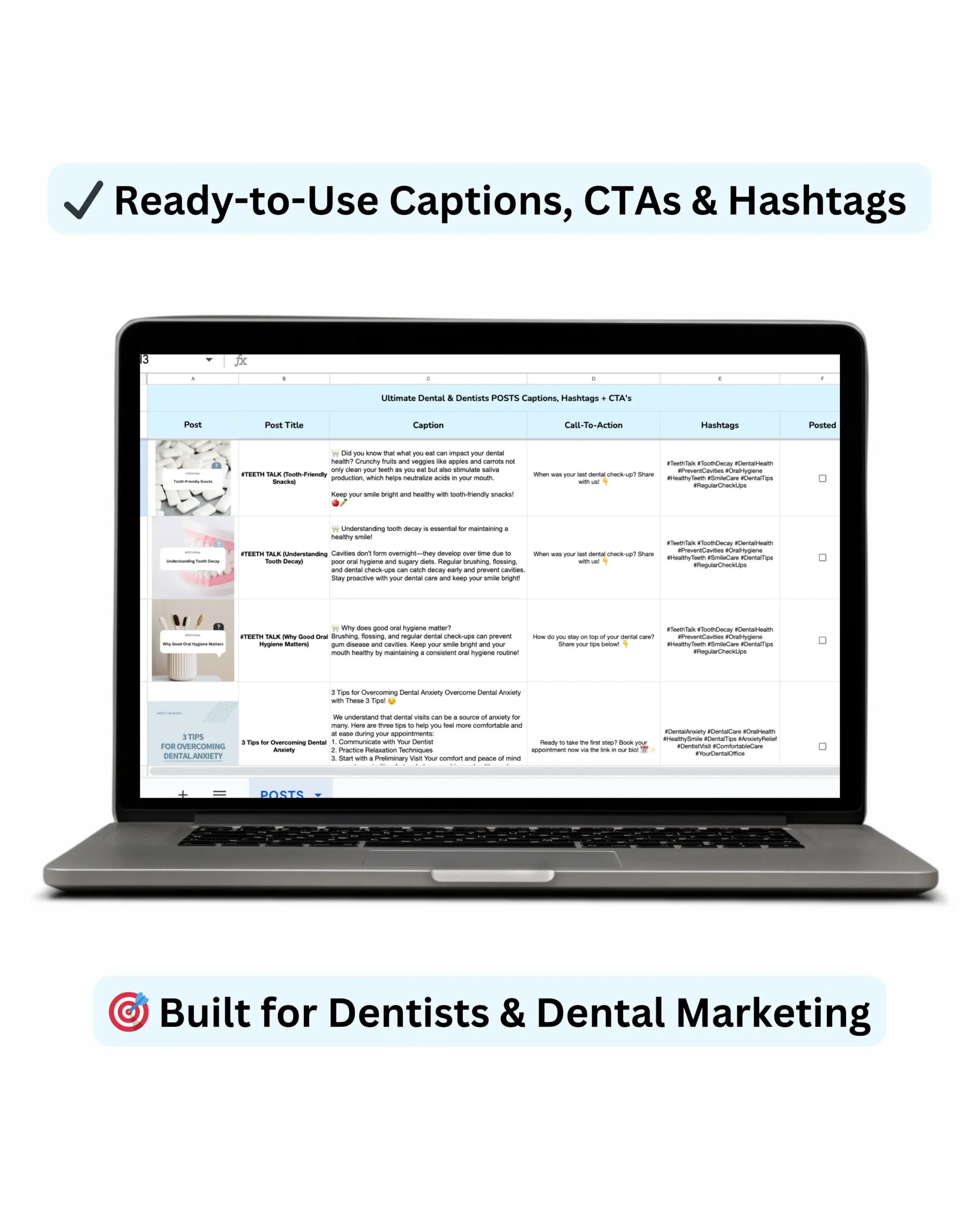 Dental social media templates with ready-to-use captions, CTAs, and dental hashtags in a Canva marketing bundle for dentists.