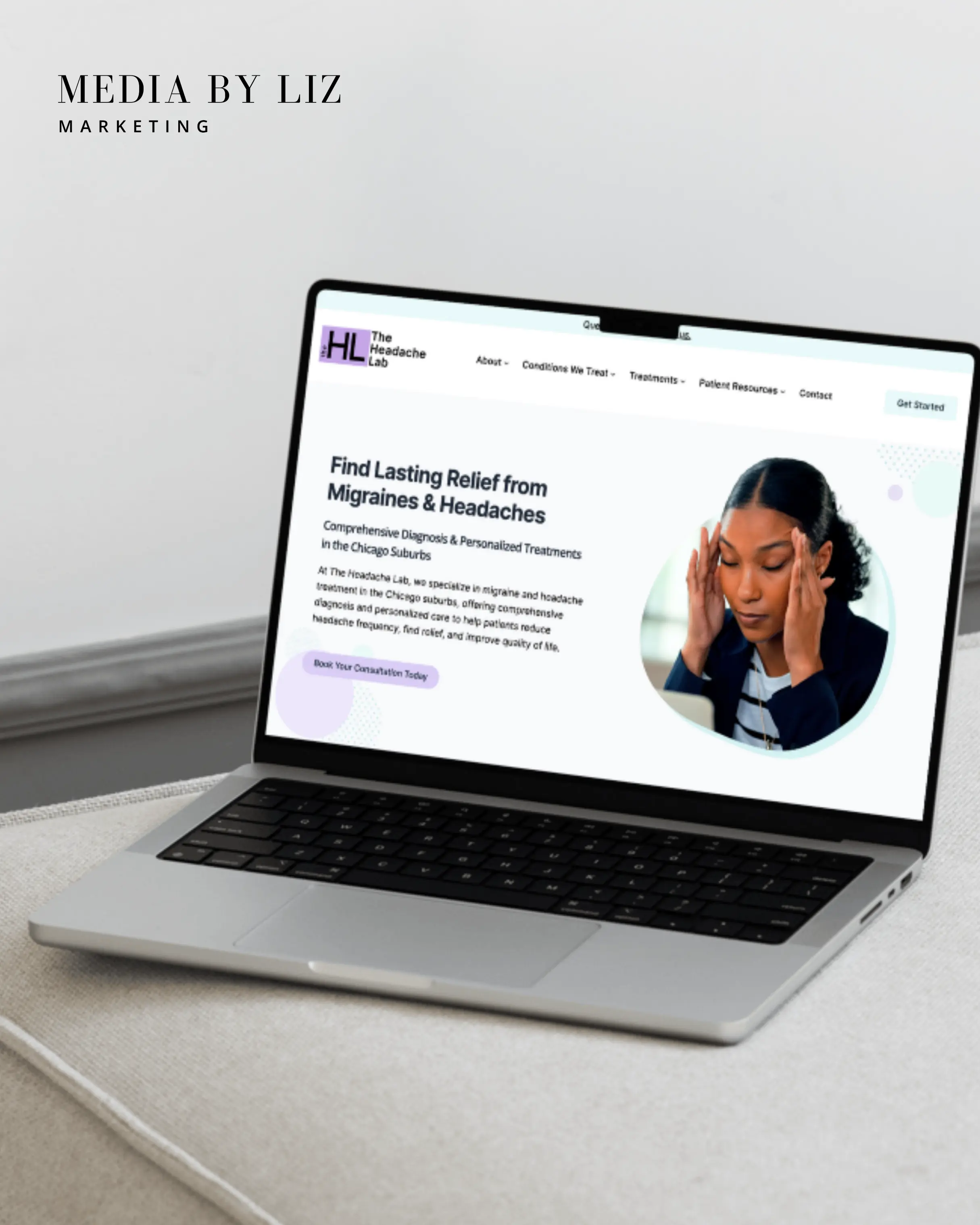 Laptop mockup displaying The Headache Lab website designed by MBL Marketing for a migraine and headache clinic.