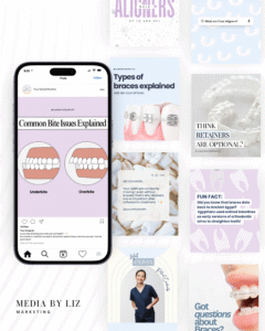 Neutral orthodontist Instagram templates Canva bundle by Media by Liz showcasing editable posts and stories for dental professionals